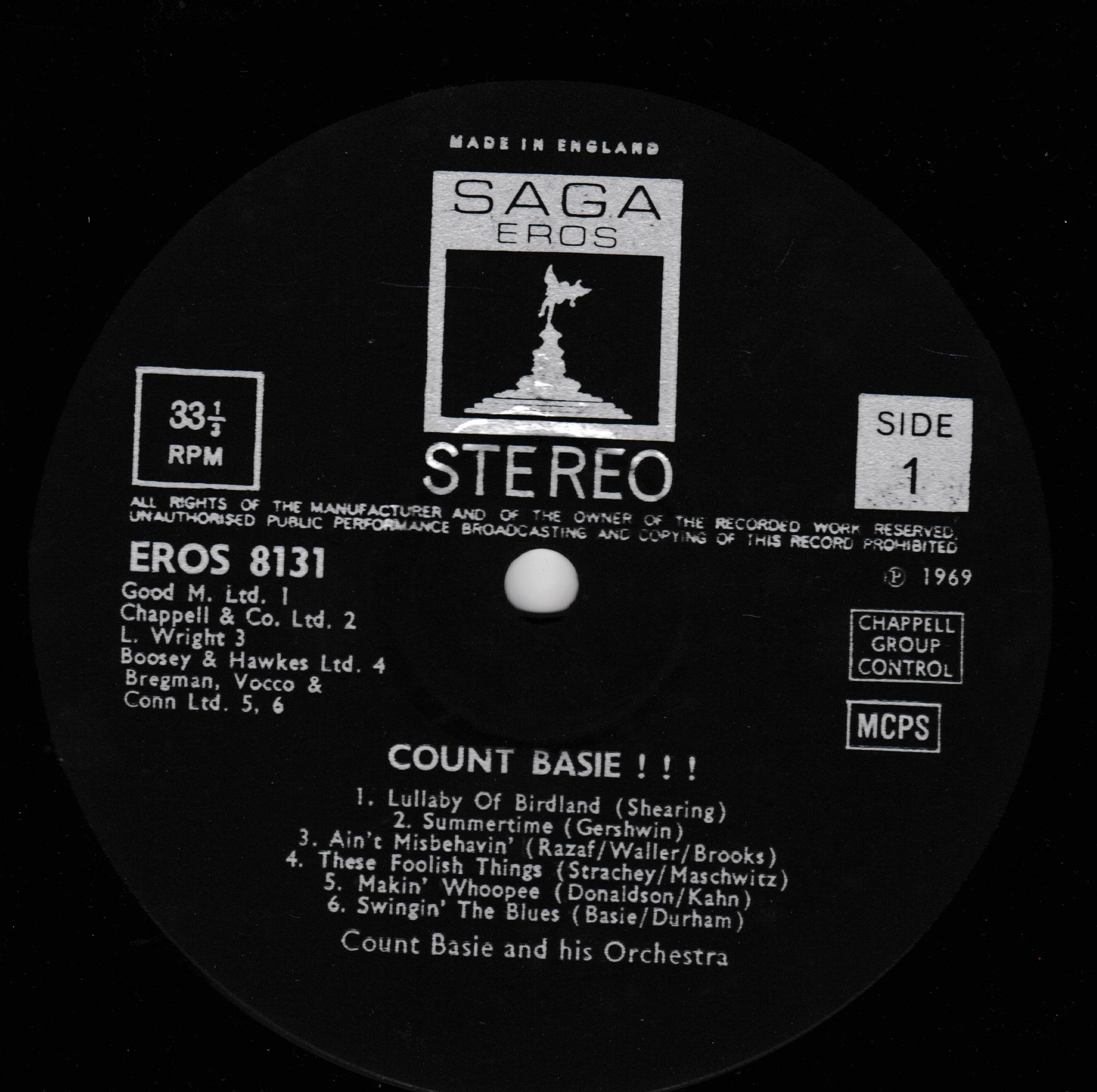 Record label with 'Saga Eros' branding and track listing on a black background