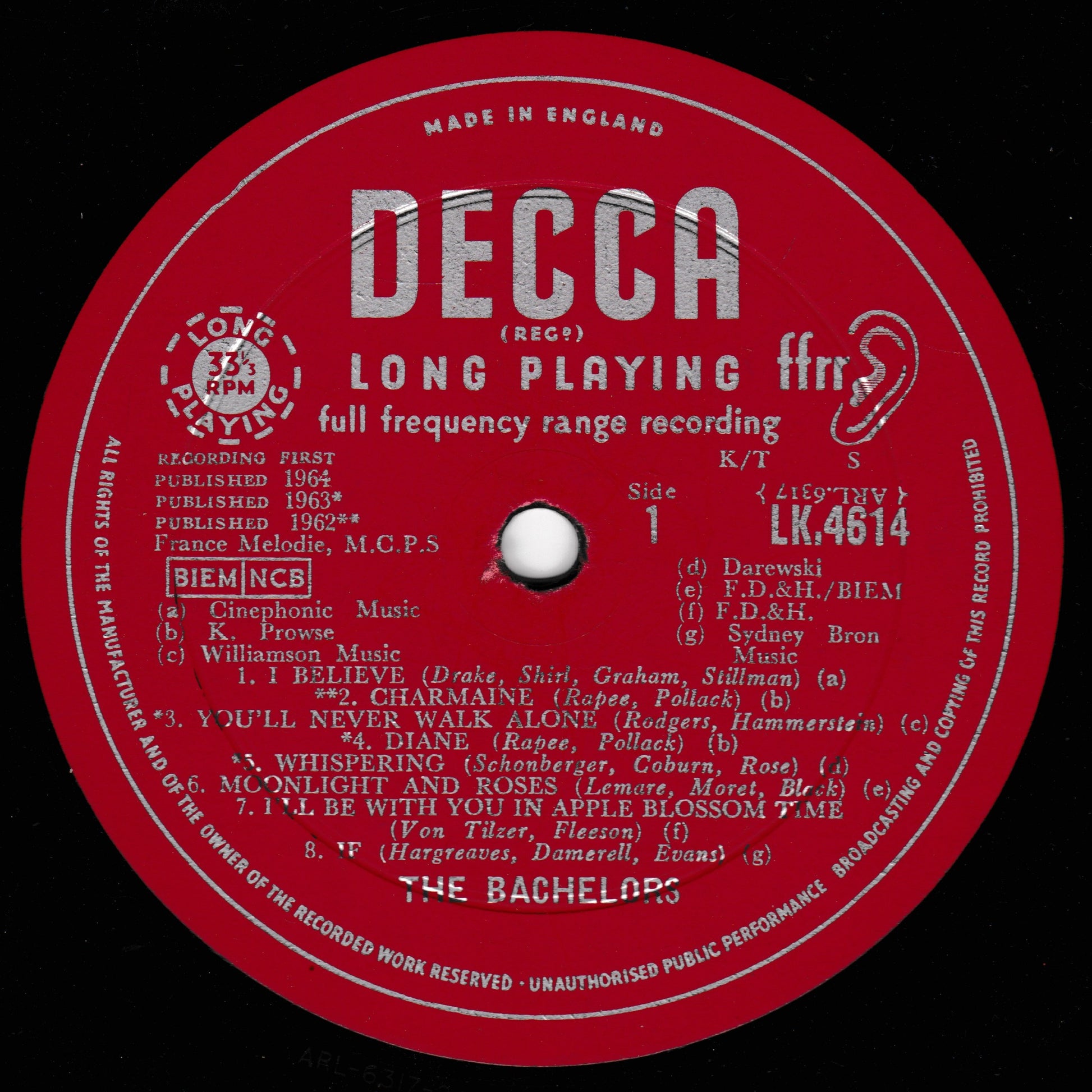 Decca long playing record label on a black background