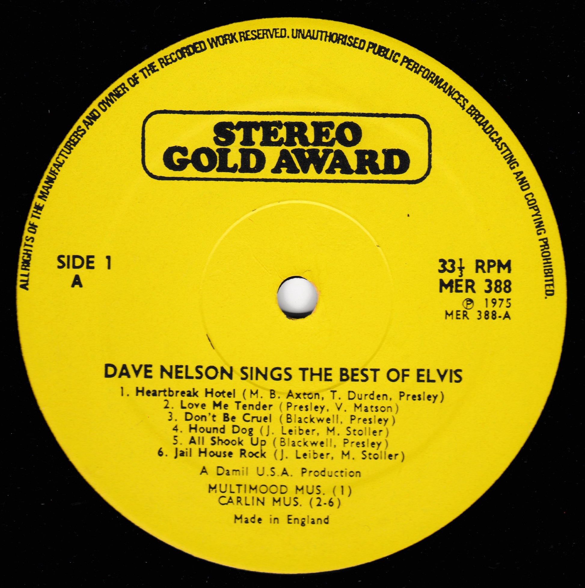 Yellow record label for 'Dave Nelson Sings the Best of Elvis' on a black background