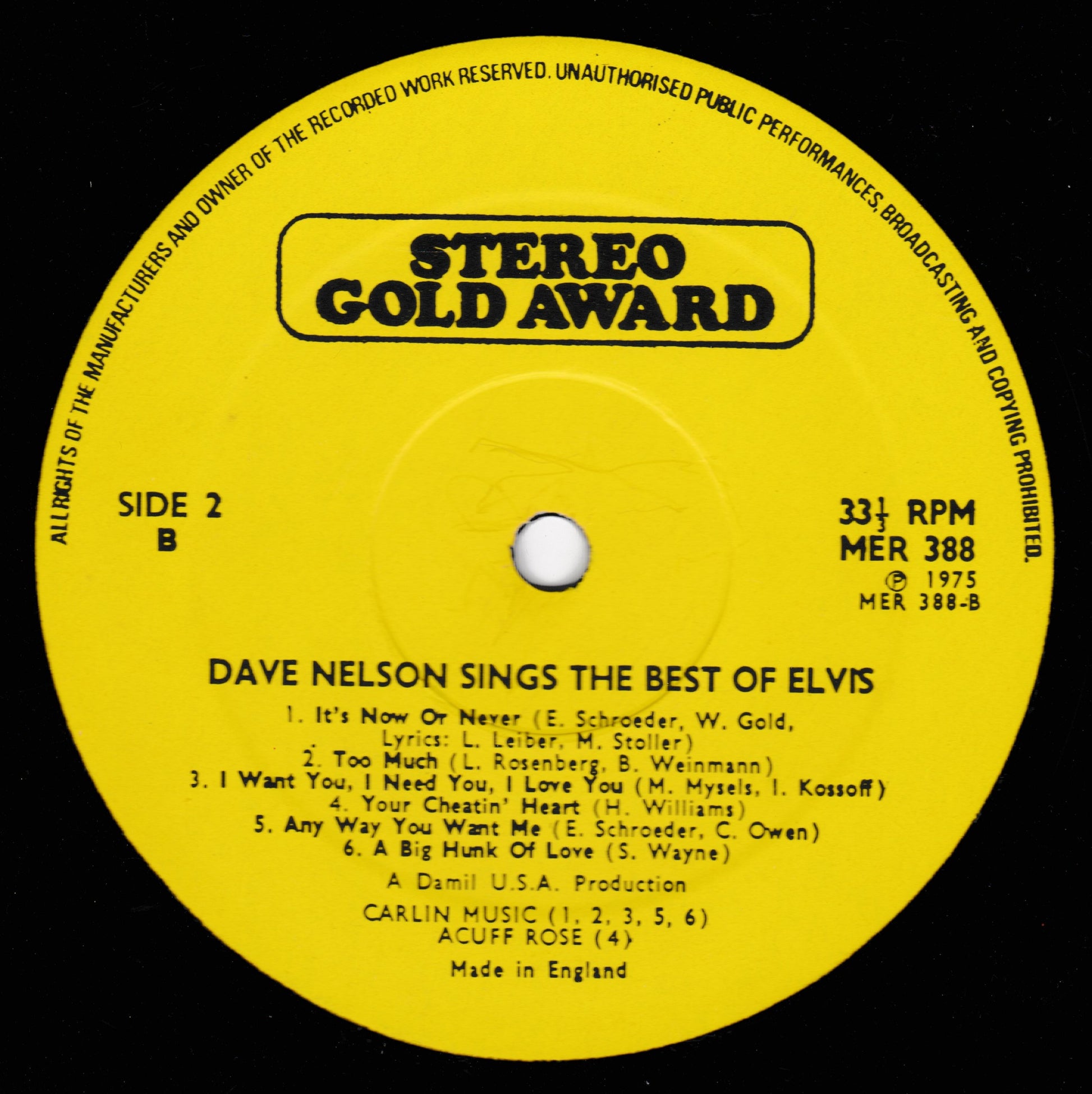 Yellow record label for 'Dave Nelson Sings the Best of Elvis' with text and music track listing.