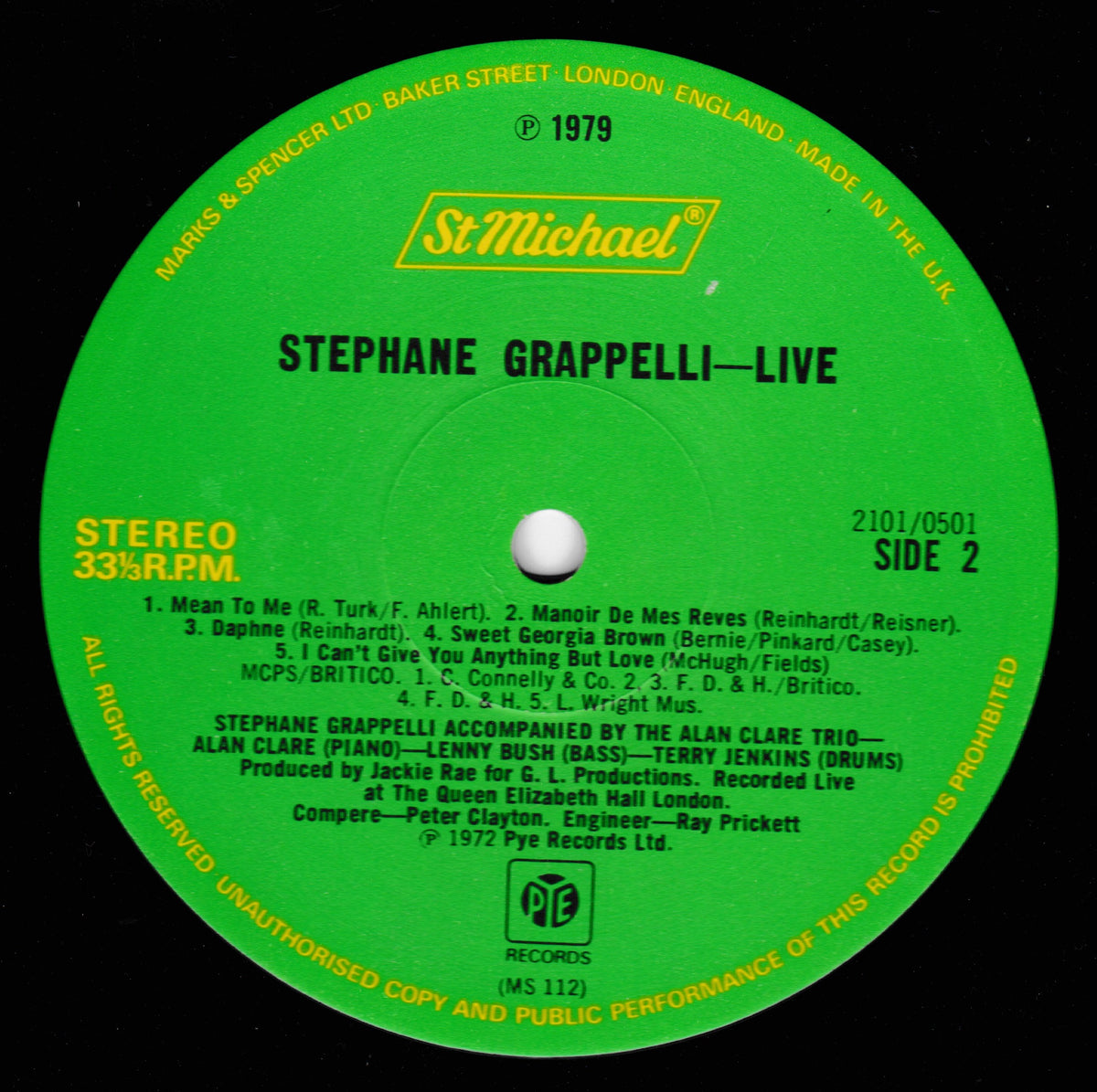 A green vinyl record label for Stephane Grappelli Live, showing tracklist details and the St. Michael / Pye Records branding on a black background.