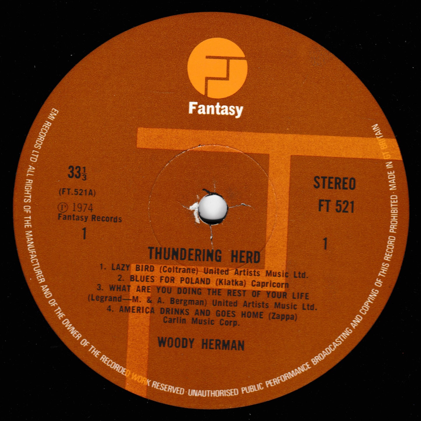Record label for 'Thundering Herd' by Woody Herman with Fantasy Records logo.