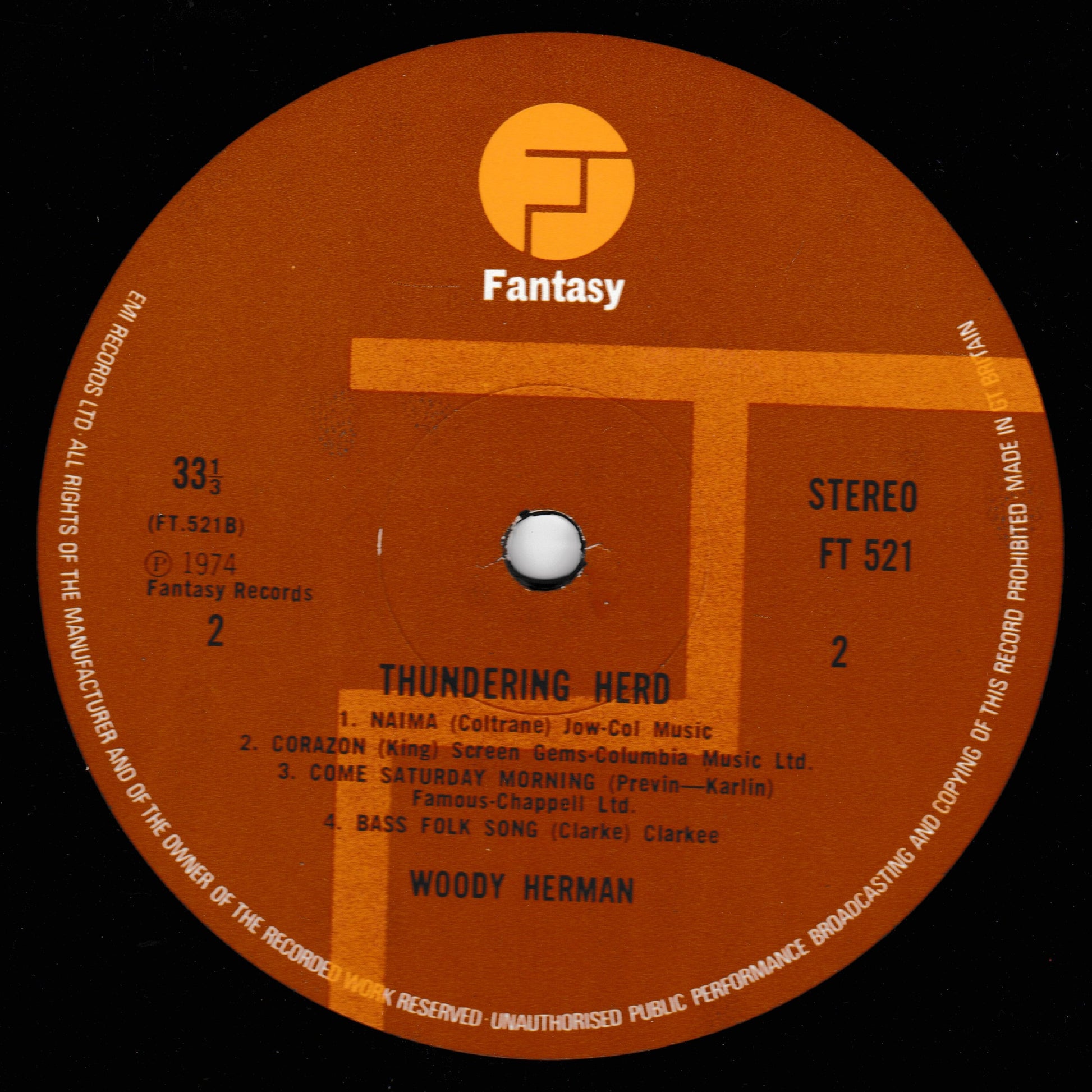 Record label for 'Thundering Herd' by Woody Herman with Fantasy Records logo.