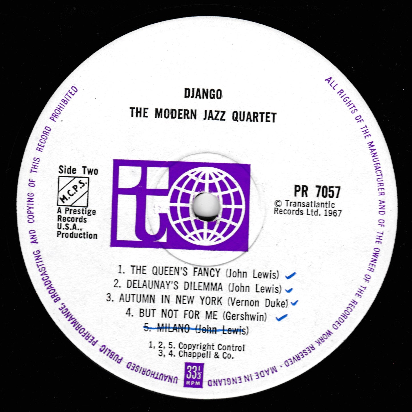 A vinyl record label for Django - The Modern Jazz Quartet, Side Two, featuring track listings and the purple TransAtlantic Records logo on a black background.