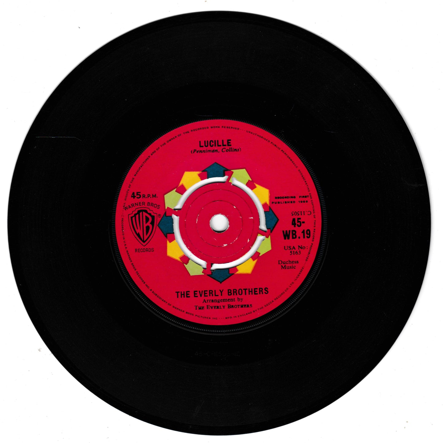 A vintage 45 RPM vinyl record by The Everly Brothers, featuring the song 'Lucille'. The black record has a bright red center label with yellow and green accents, and the Warner Bros.