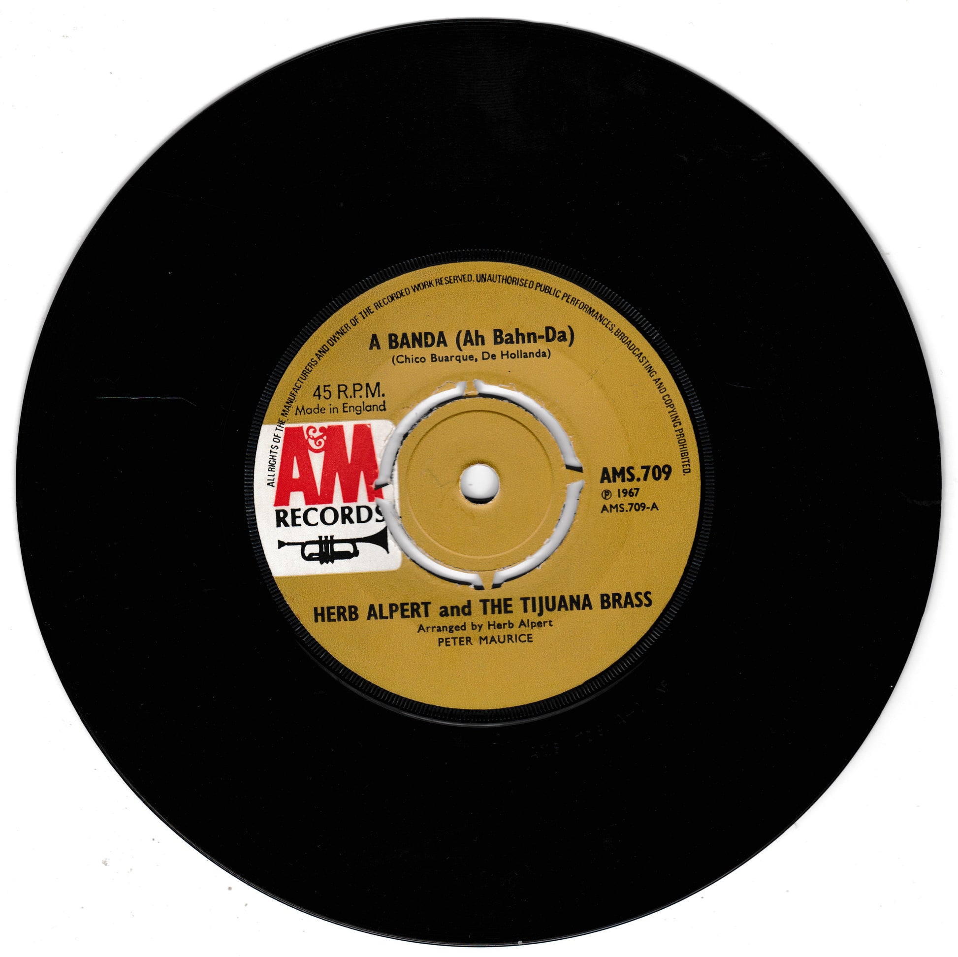 Record label with AM Records branding and text on a white background
