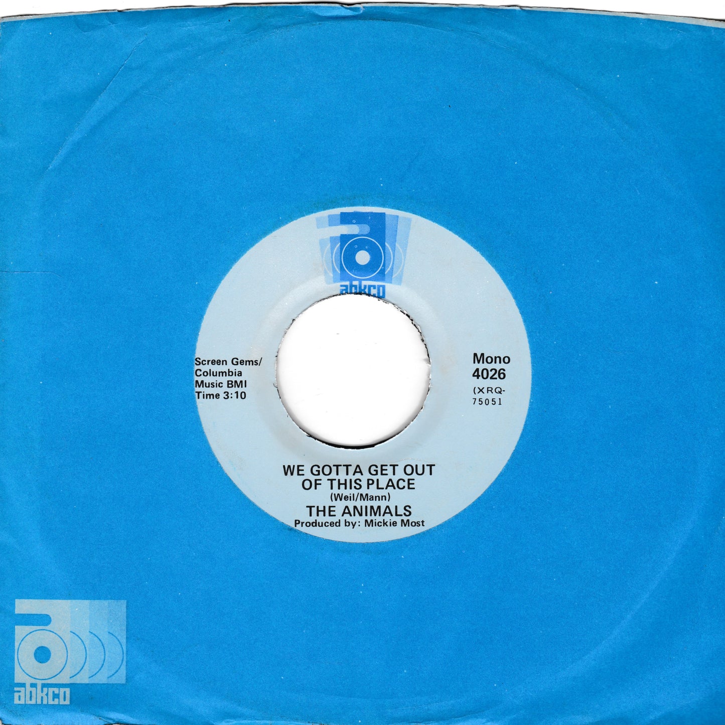 A blue vinyl record sleeve or inner record with a white center label. The label reads 'WE GOTTA GET OUT OF THIS PLACE [Live/Masters]' by 'THE ANIMALS,' with Columbia/Music BMJ text and an abko logo visible.