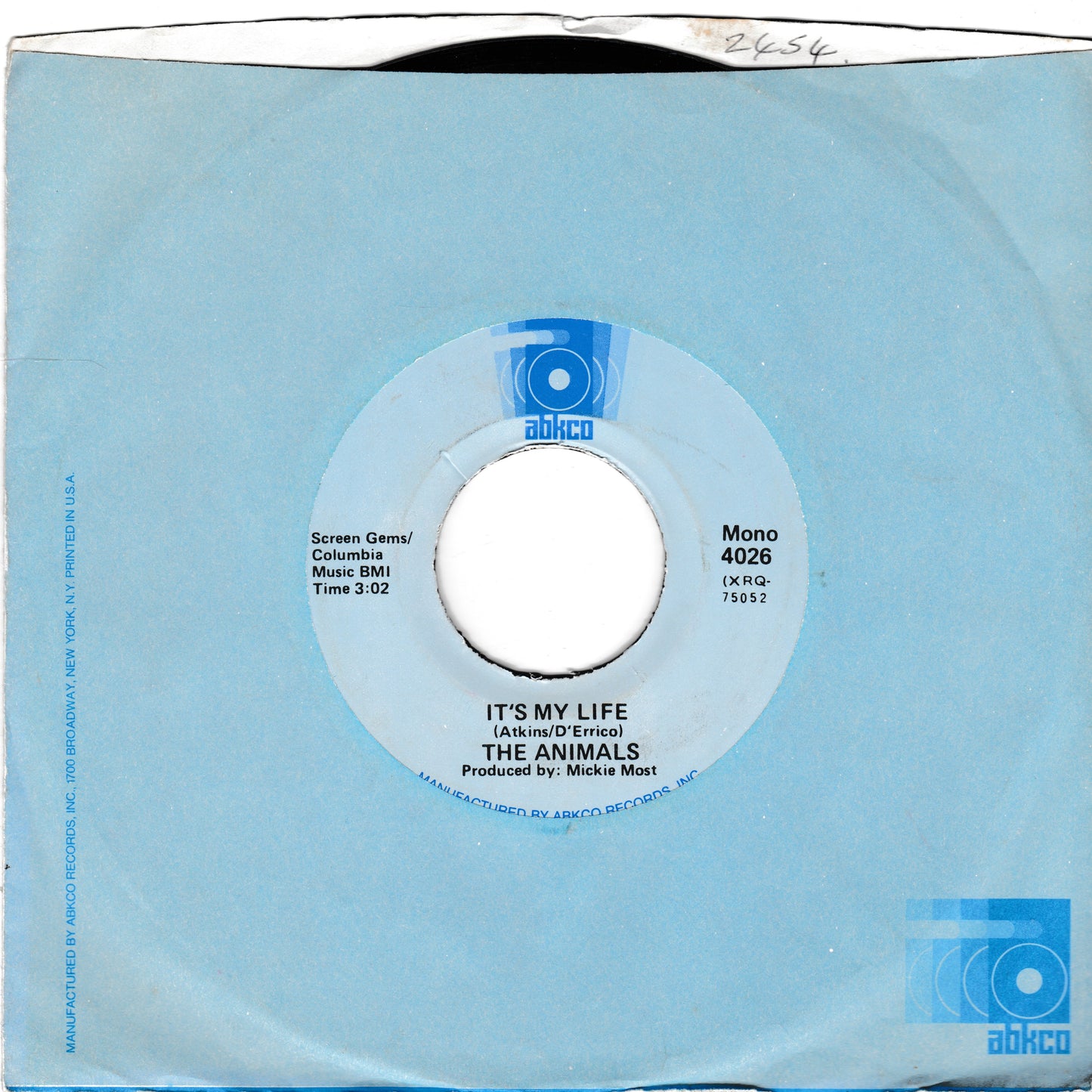 A light blue 7-inch vinyl record sleeve for The Animals' single 'It's My Life', manufactured by ABC-Records. The sleeve features a central label with the record's mono details, including catalog number 4026 and track time of 2:02.