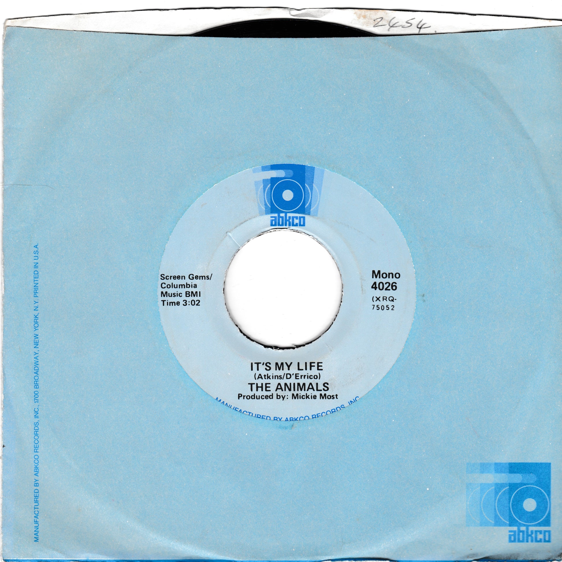 A light blue 7-inch vinyl record sleeve for The Animals' single 'It's My Life', manufactured by ABC-Records. The sleeve features a central label with the record's mono details, including catalog number 4026 and track time of 2:02.