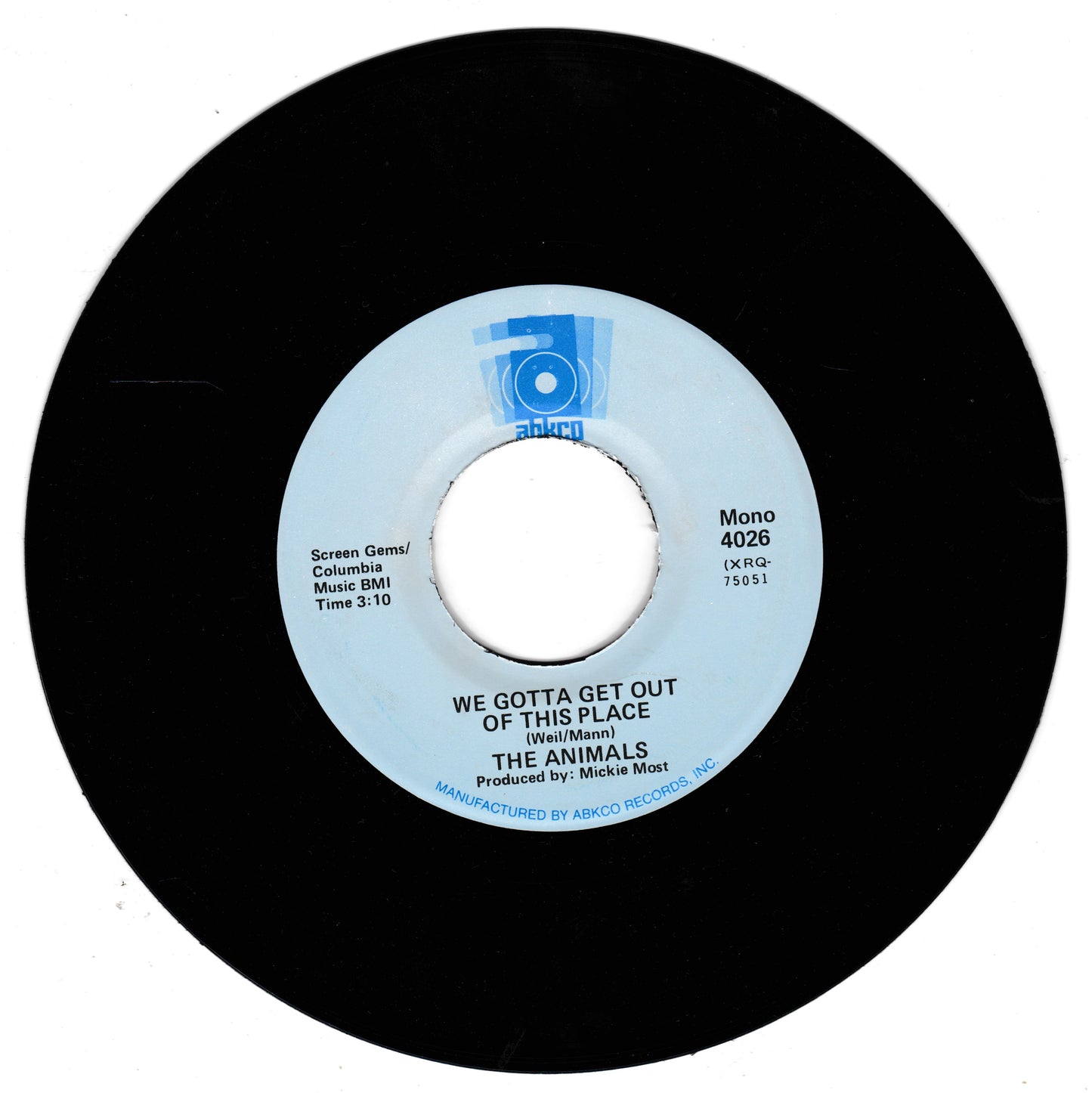 A black vinyl record with a light blue center label. The label reads 'WE GOTTA GET OUT OF THIS PLACE (Walt/Time)' and shows 'THE ANIMALS' as the artist, with production credit to Mickie Most.