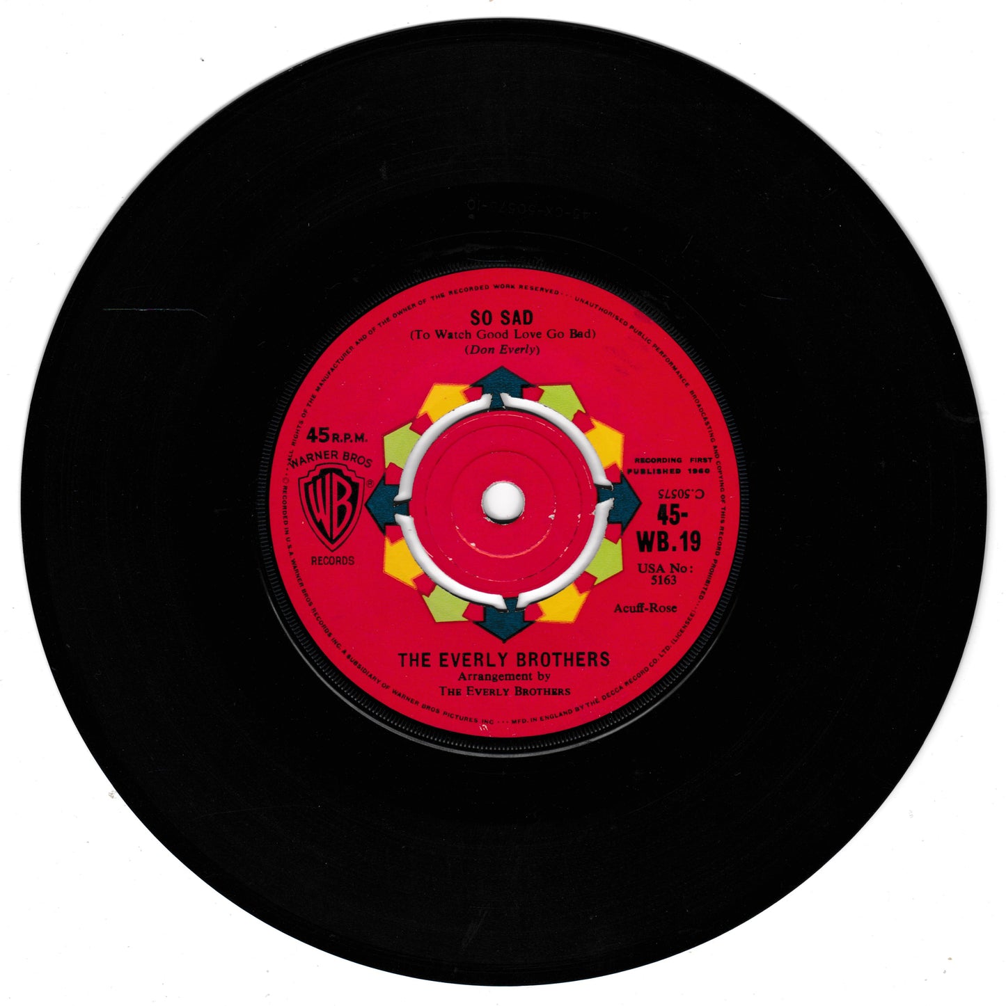 A vintage 45 RPM vinyl record by The Everly Brothers, featuring the red and yellow centre label with the song title '50 SAD' and Warner Bros. Records branding.