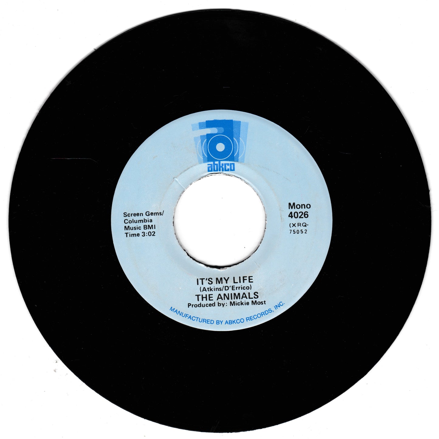 A black vinyl record with a light blue and white centre label. The label features the ABKCO logo and text for the song 'It's My Life' by The Animals, manufactured by ABKCO Records, Inc.