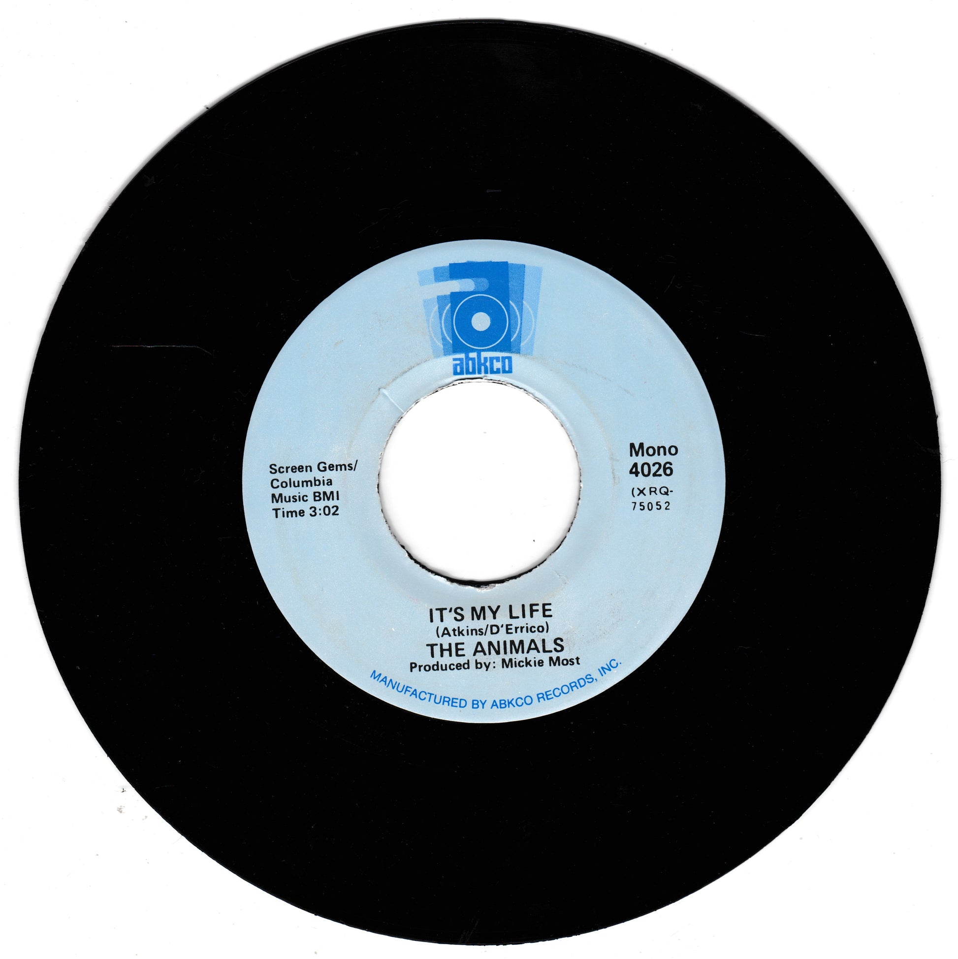 A black vinyl record with a light blue and white centre label. The label features the ABKCO logo and text for the song 'It's My Life' by The Animals, manufactured by ABKCO Records, Inc.