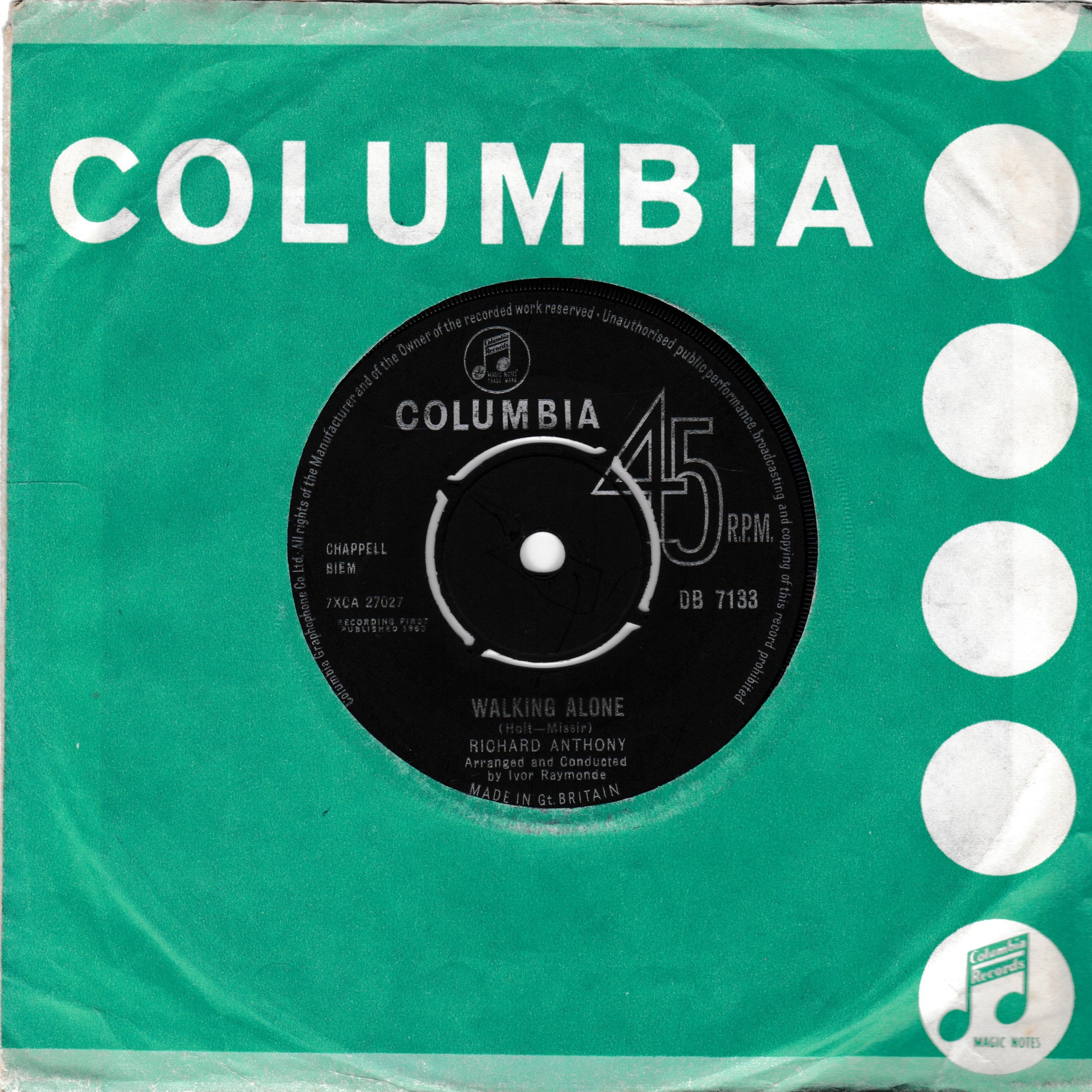 A vintage 45 RPM vinyl record sleeve for 'Walking Alone' by Richard Anthony, featuring a bright green cover with white text and circular white dots, and a black Columbia record label in the centre.