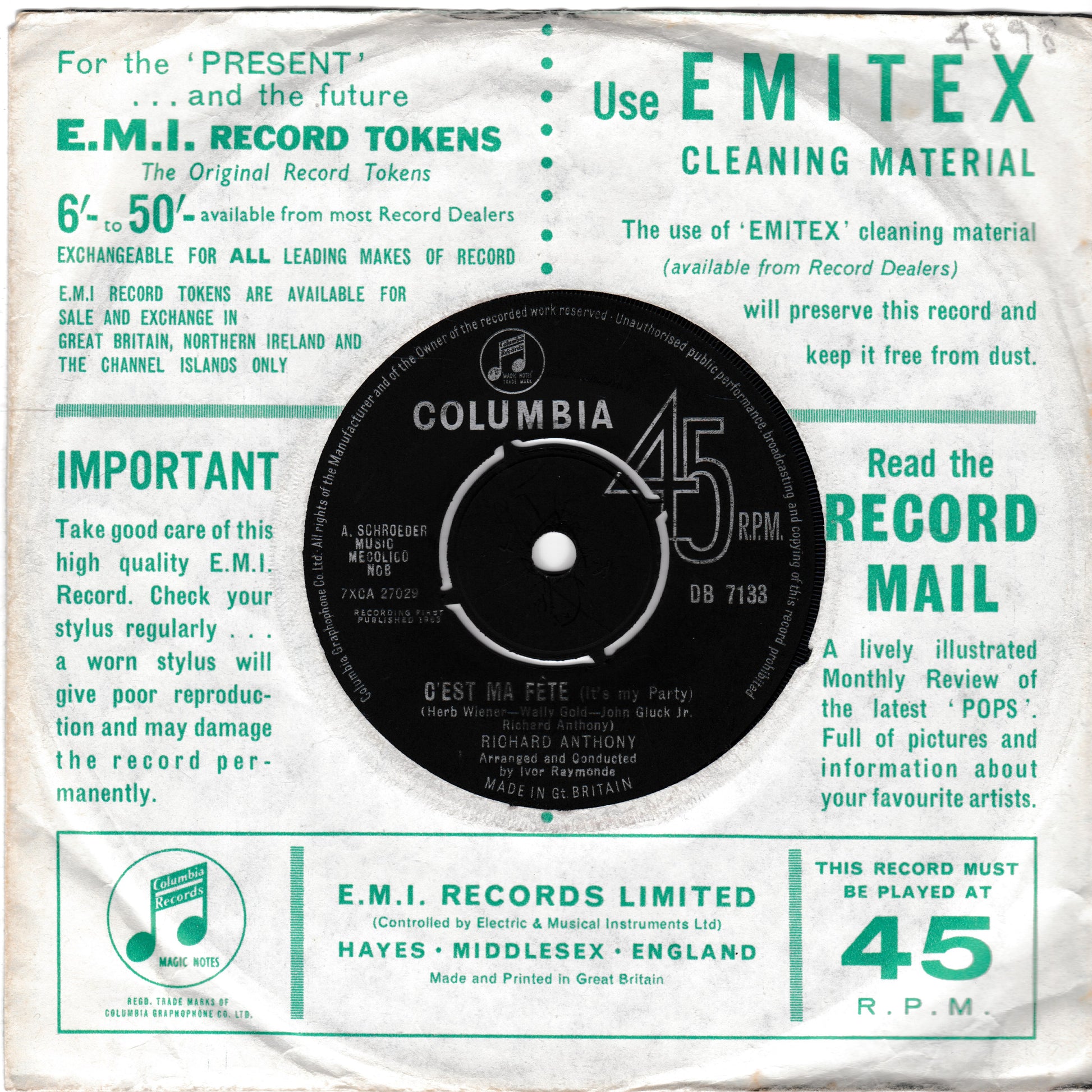 Vintage EMI Records token card and 45 RPM record sleeve for 'C'este Ma Fete' by Richard Anthony, featuring teal text on a cream background with a black Columbia record label in the centre.
