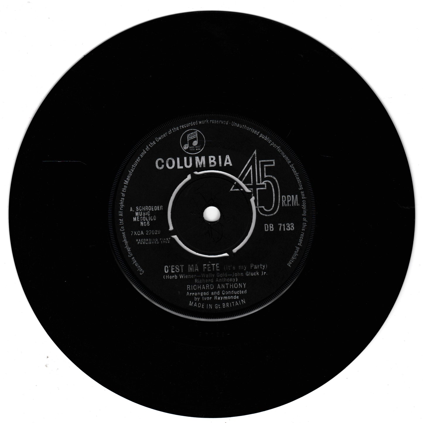 A black 45 RPM vinyl record with a white Columbia label, featuring Richard Anthony's 'O'est Ma Fete' on a plain white background.