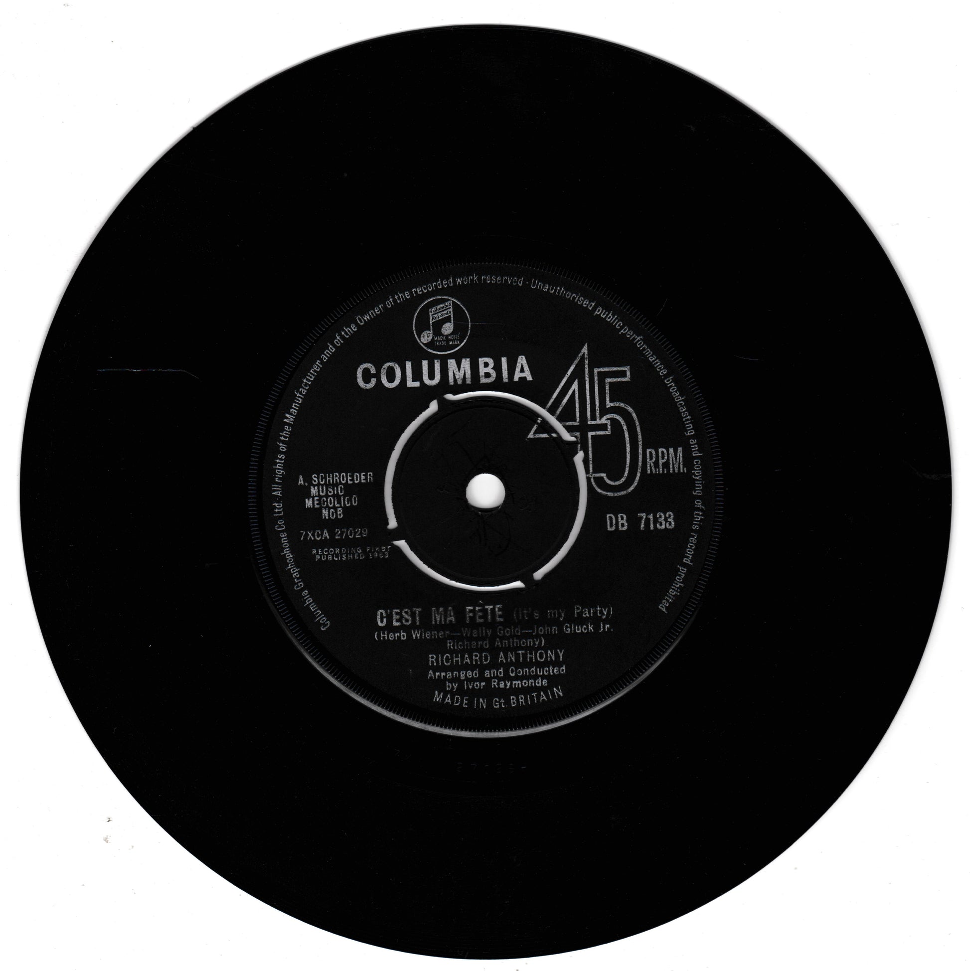 A black 45 RPM vinyl record with a white Columbia label, featuring Richard Anthony's 'O'est Ma Fete' on a plain white background.