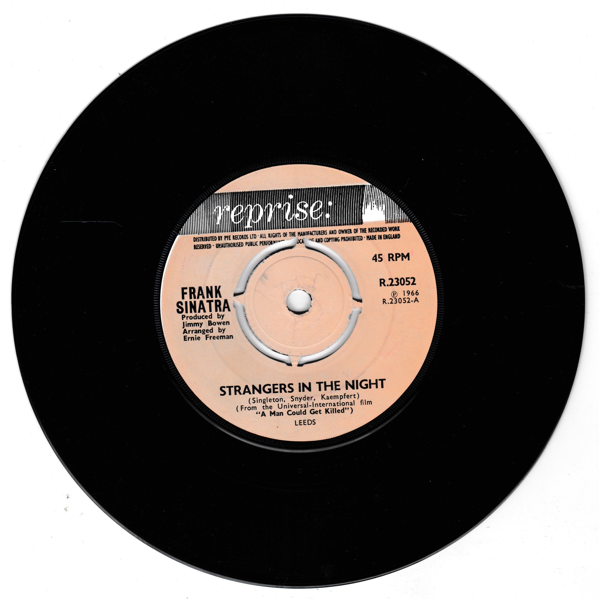 Record label for Frank Sinatra's 'Strangers in the Night' on a white background