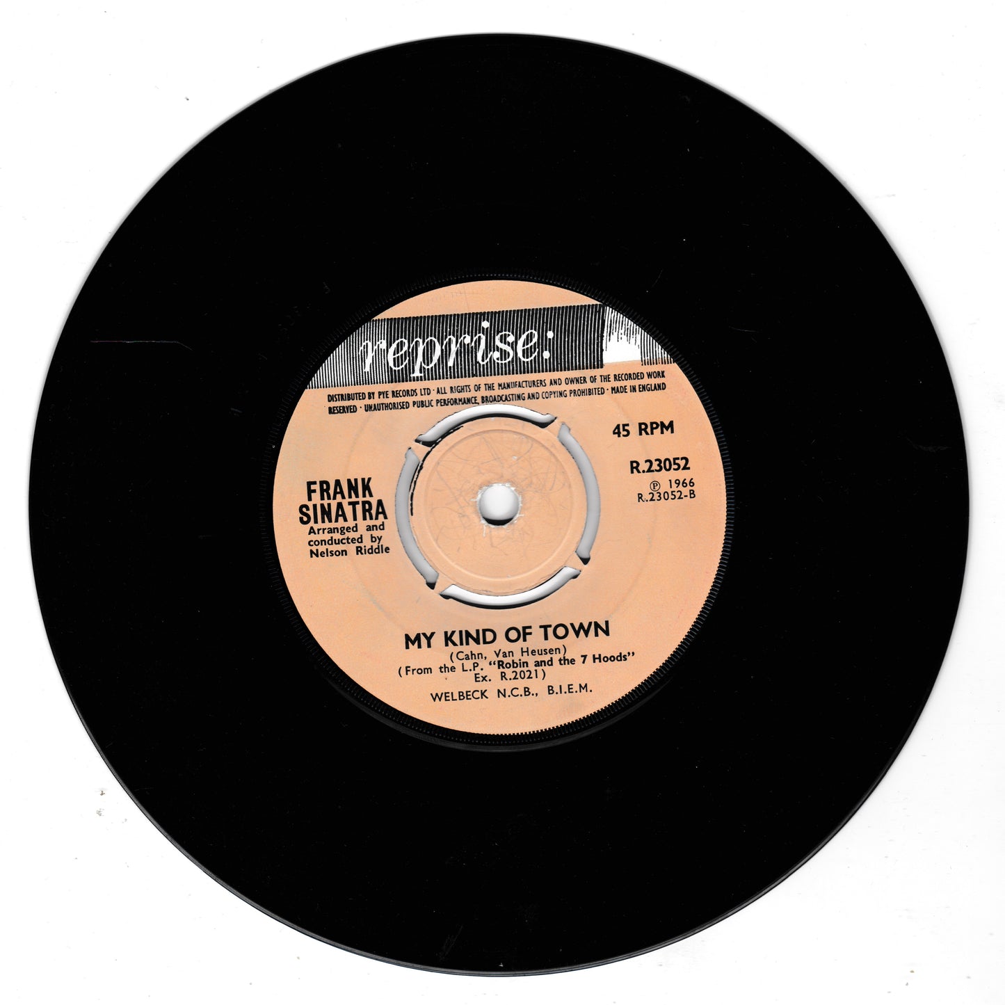 Vinyl record with a white label featuring 'Frank Sinatra' and 'My Kind of Town'.