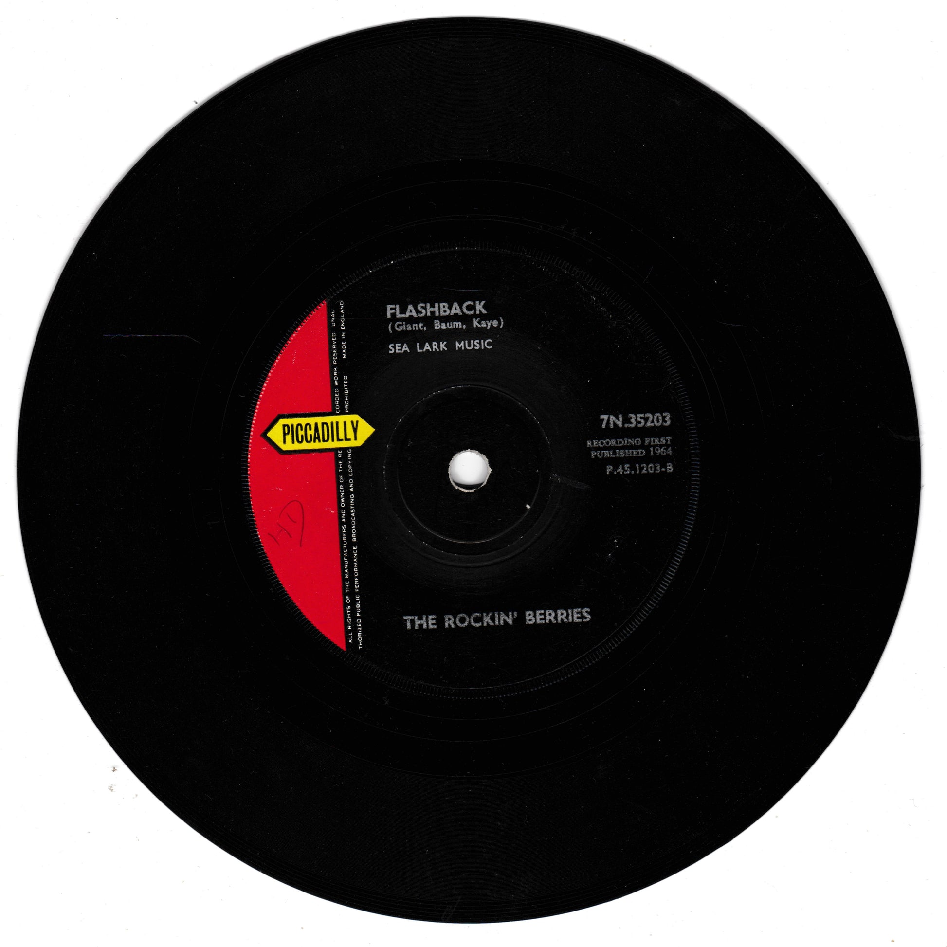 Black vinyl record with a red label on a white background