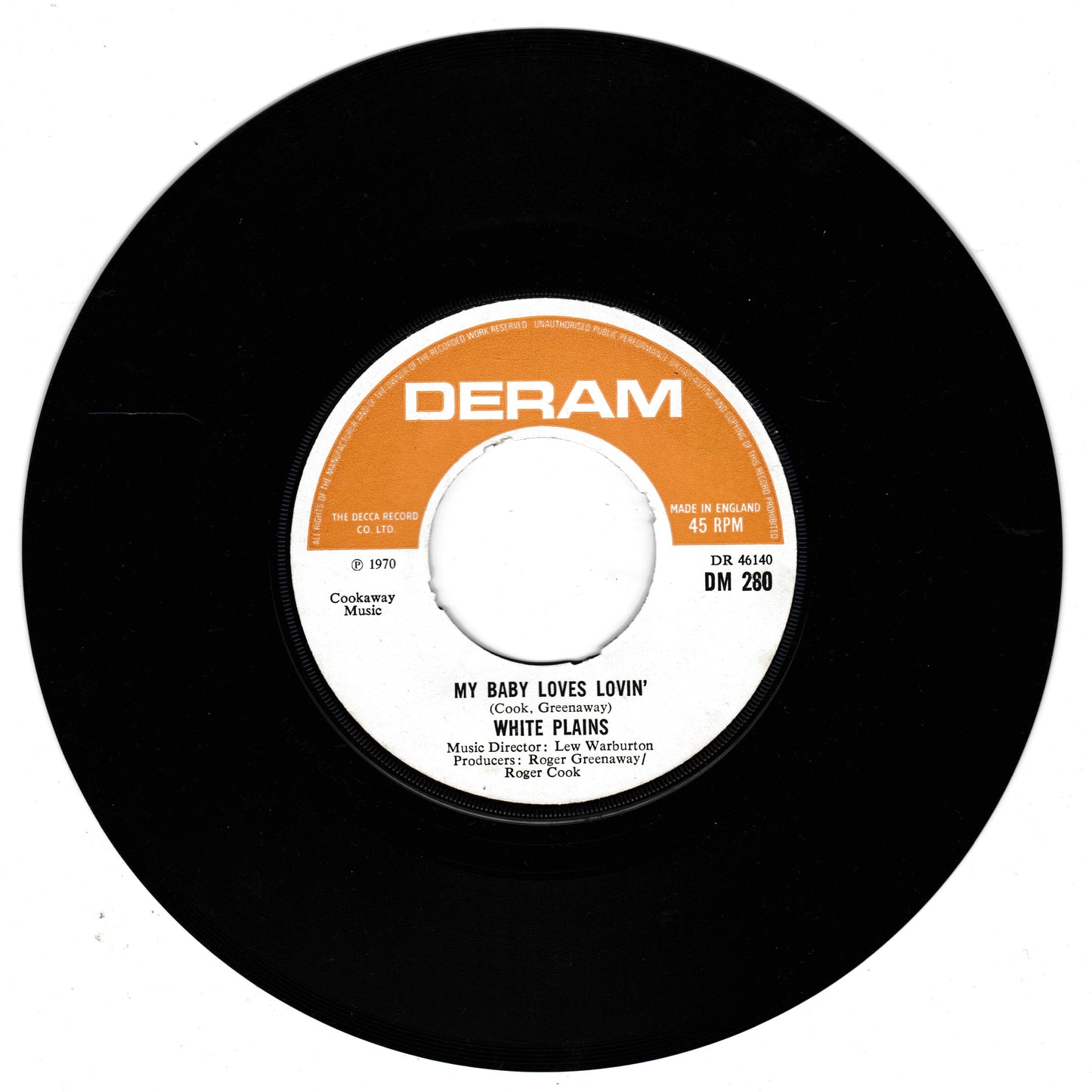 Black vinyl record with orange and white Deram label