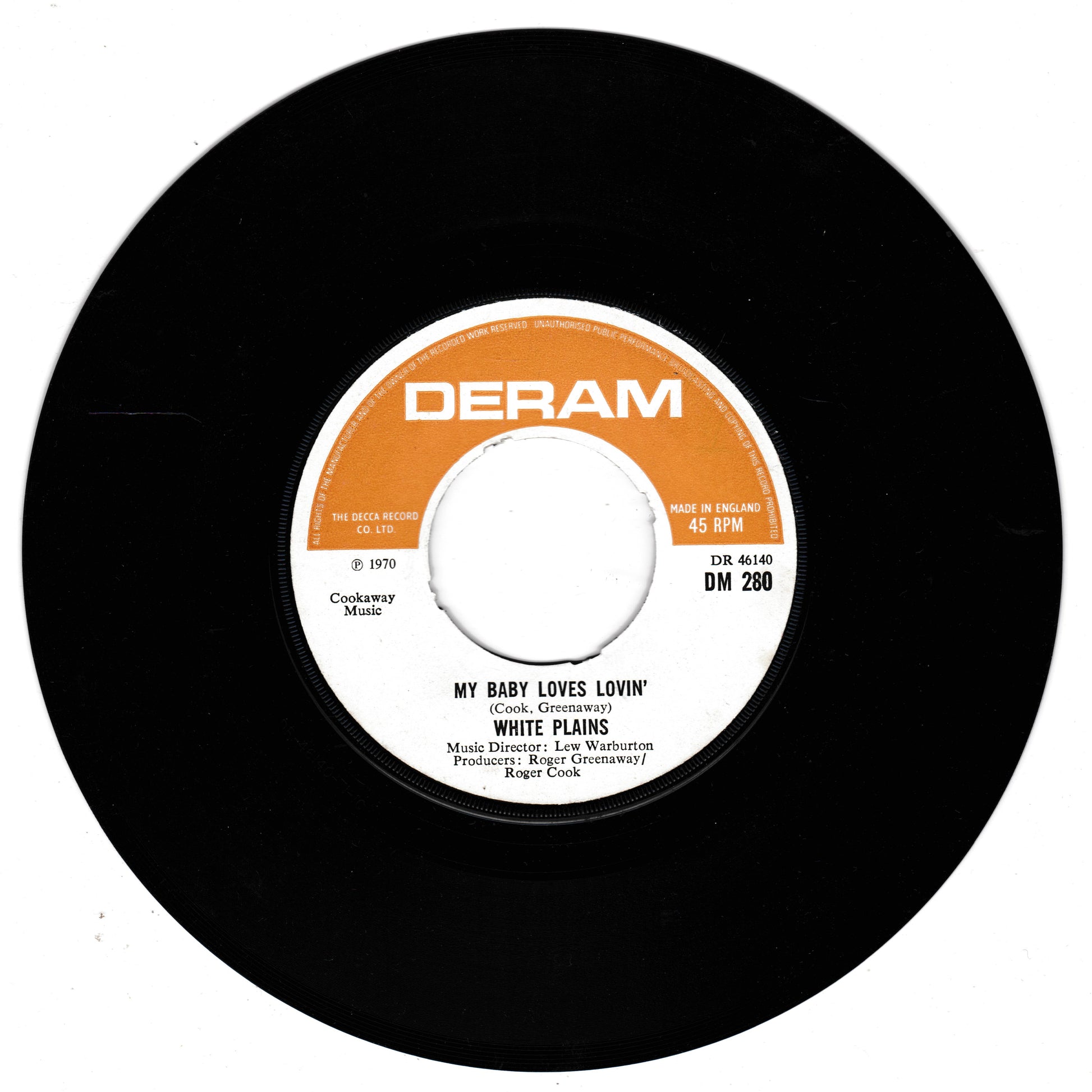 Black vinyl record with orange and white Deram label