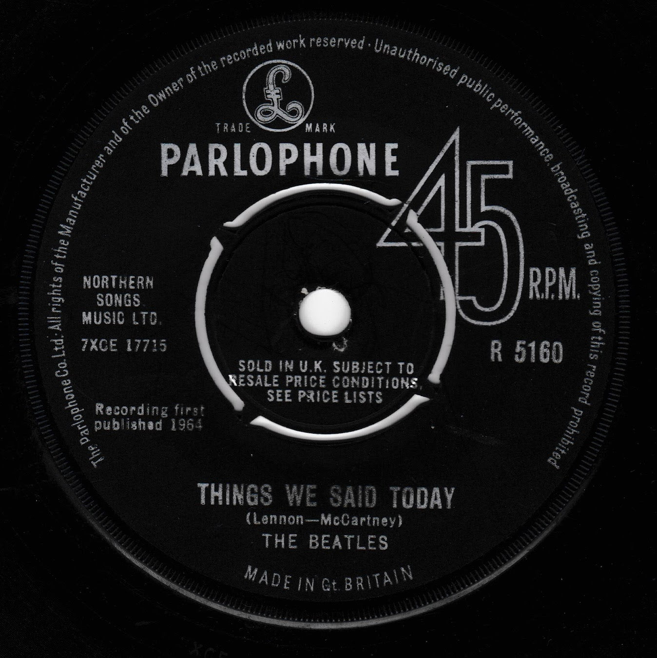 A black vinyl record label for The Beatles' 'Things We Said Today' on Parlophone, with white printed text and a white center circle on a black background.