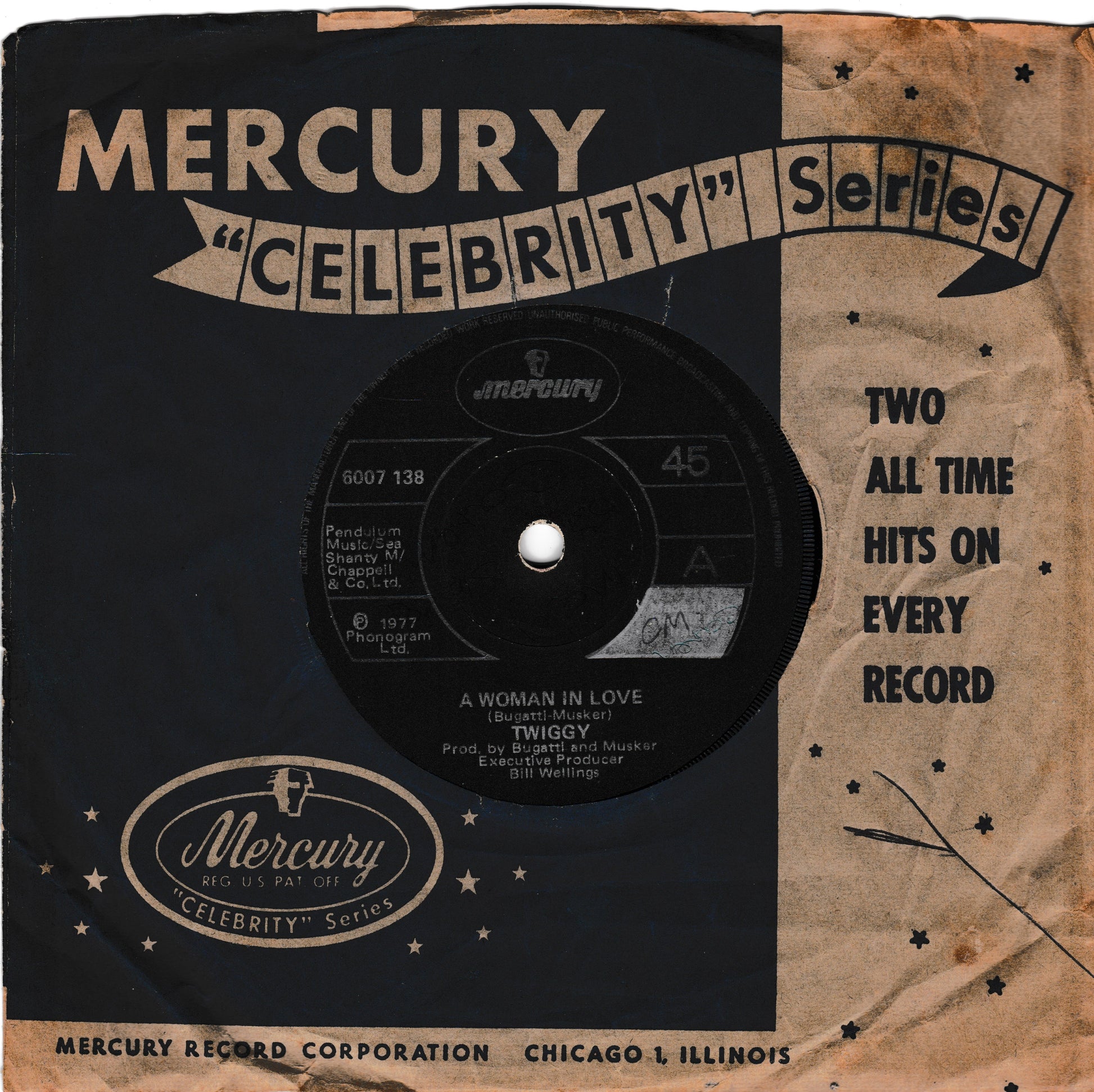 Vintage Mercury Record Corporation 'Celebrity Series' 7-inch vinyl record sleeve for Twiggy's 'A Woman in Love', featuring a black and tan paper design with the record label visible in the centre.