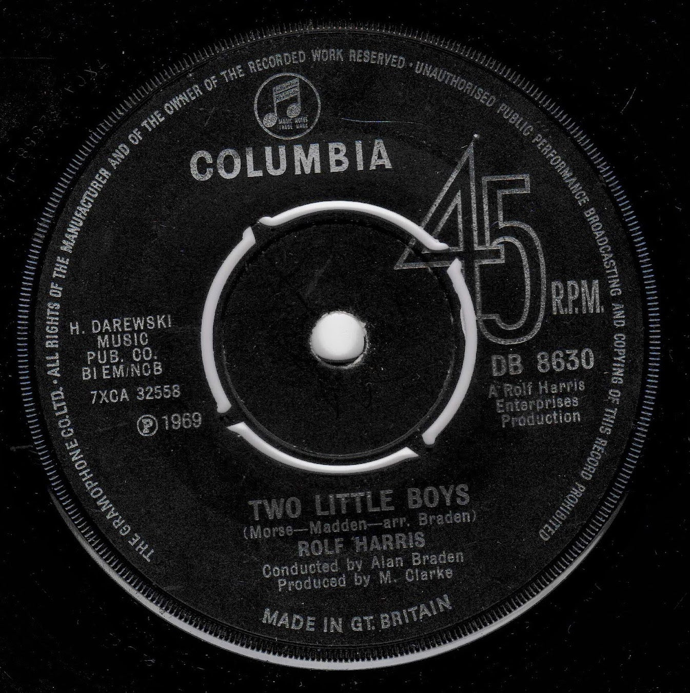 A black 45 RPM vinyl record label for 'Two Little Boys' by Rolf Harris, featuring the Columbia logo and publisher details in white text.