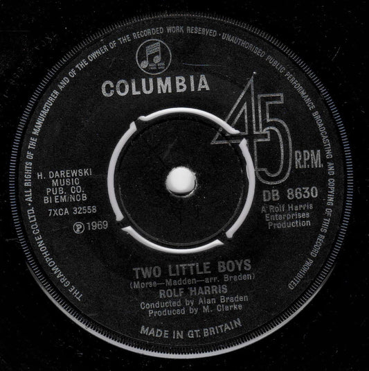A black 45 RPM vinyl record label for 'Two Little Boys' by Rolf Harris, featuring the Columbia logo and publisher details in white text.