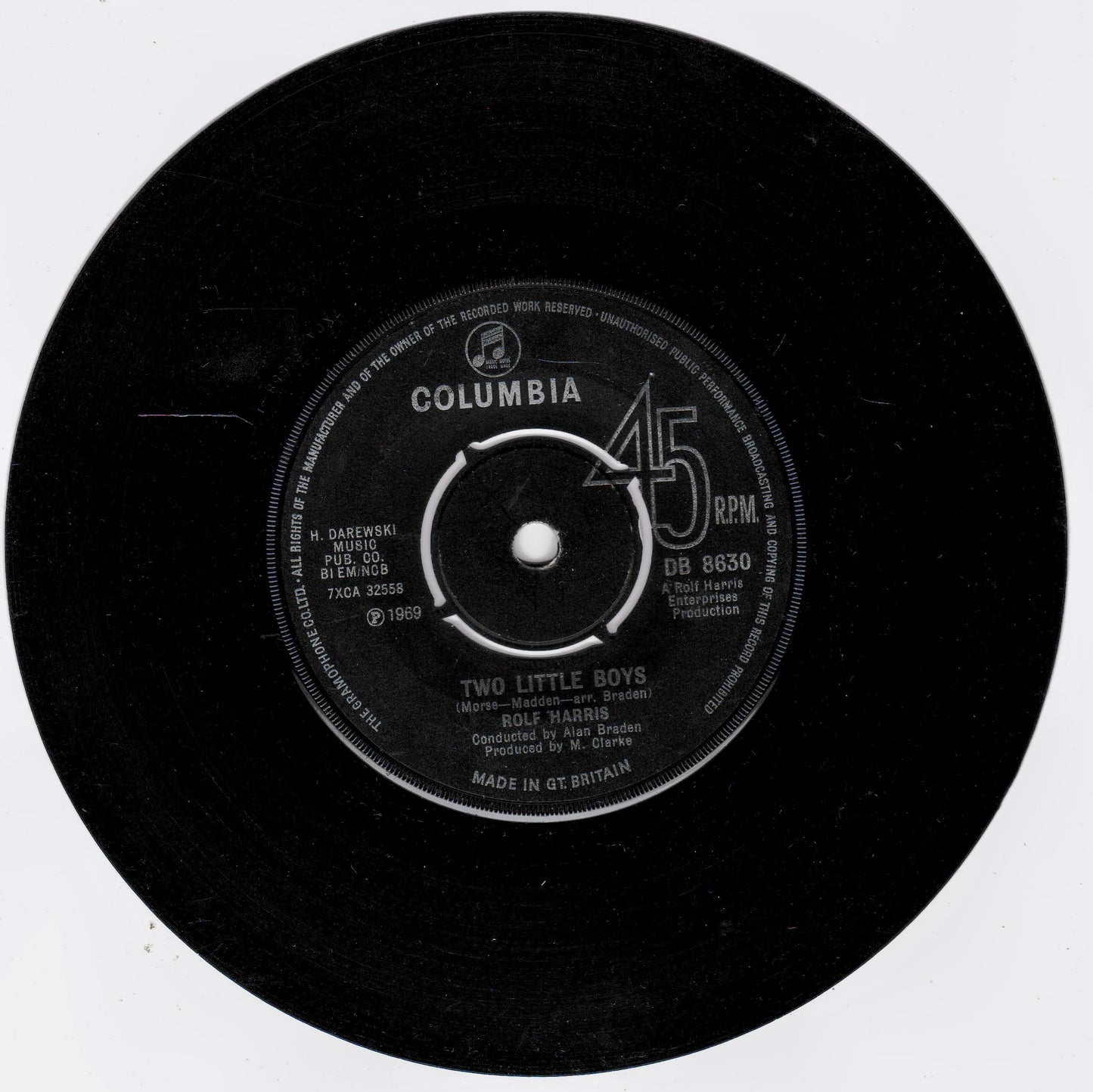 A black 45 RPM vinyl record with a white Columbia label, featuring the song 'Two Little Boys' by Rolf Harris, photographed against a plain white background.