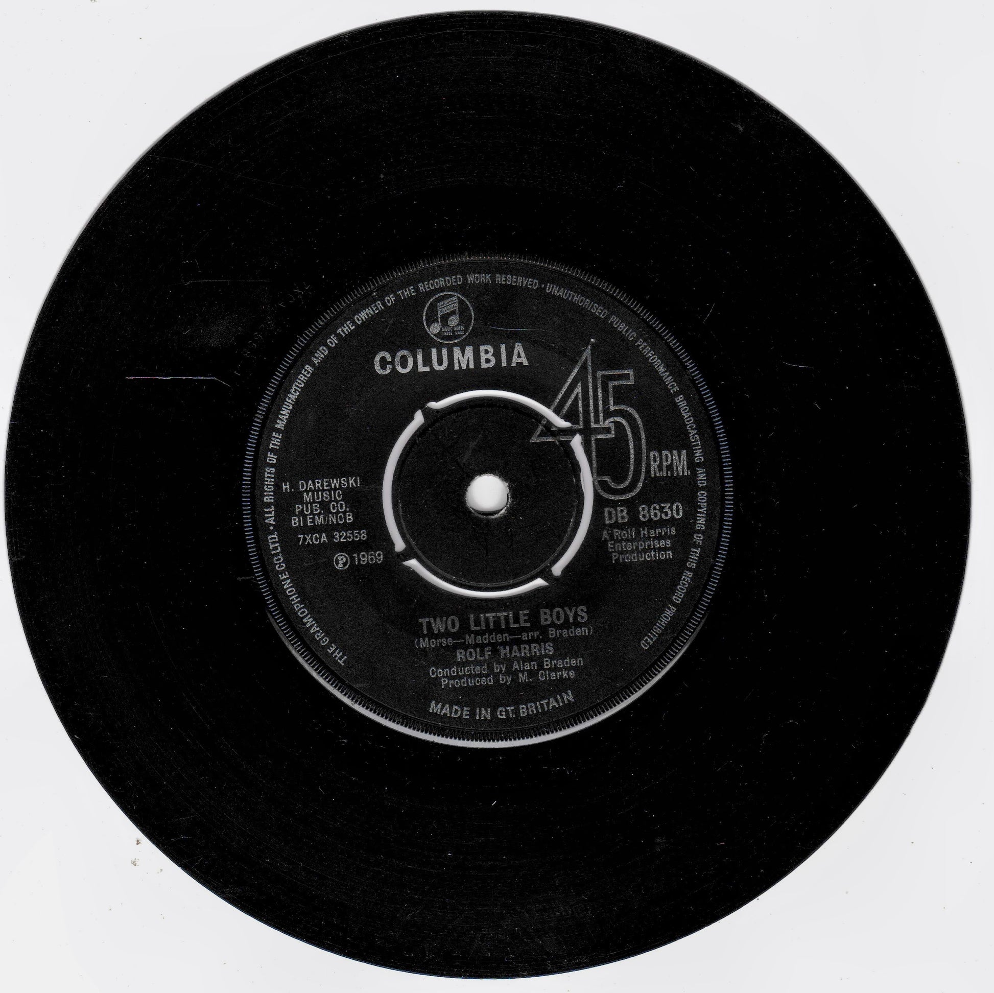 A black 45 RPM vinyl record with a white Columbia label, featuring the song 'Two Little Boys' by Rolf Harris, photographed against a plain white background.