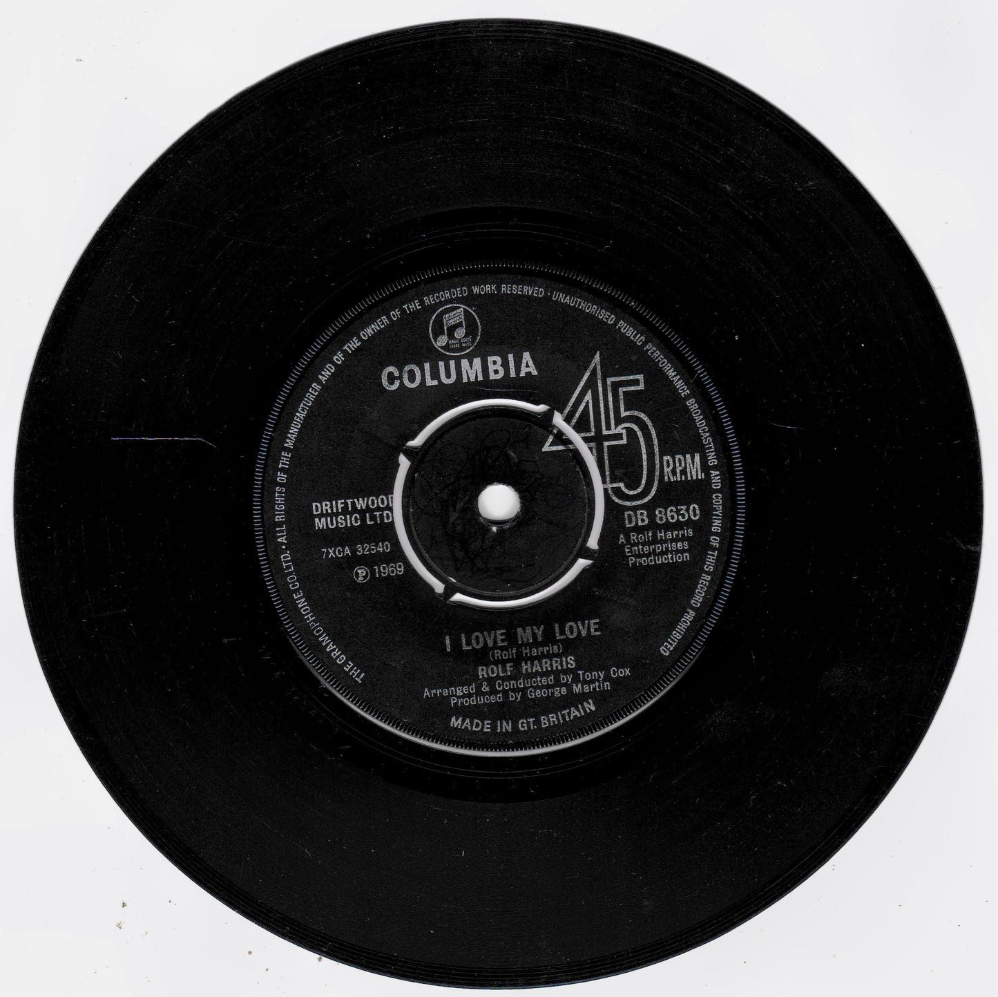 A black 45 RPM vinyl record with a white Columbia label, featuring the song 'I Love My Love' by Rolf Harris.