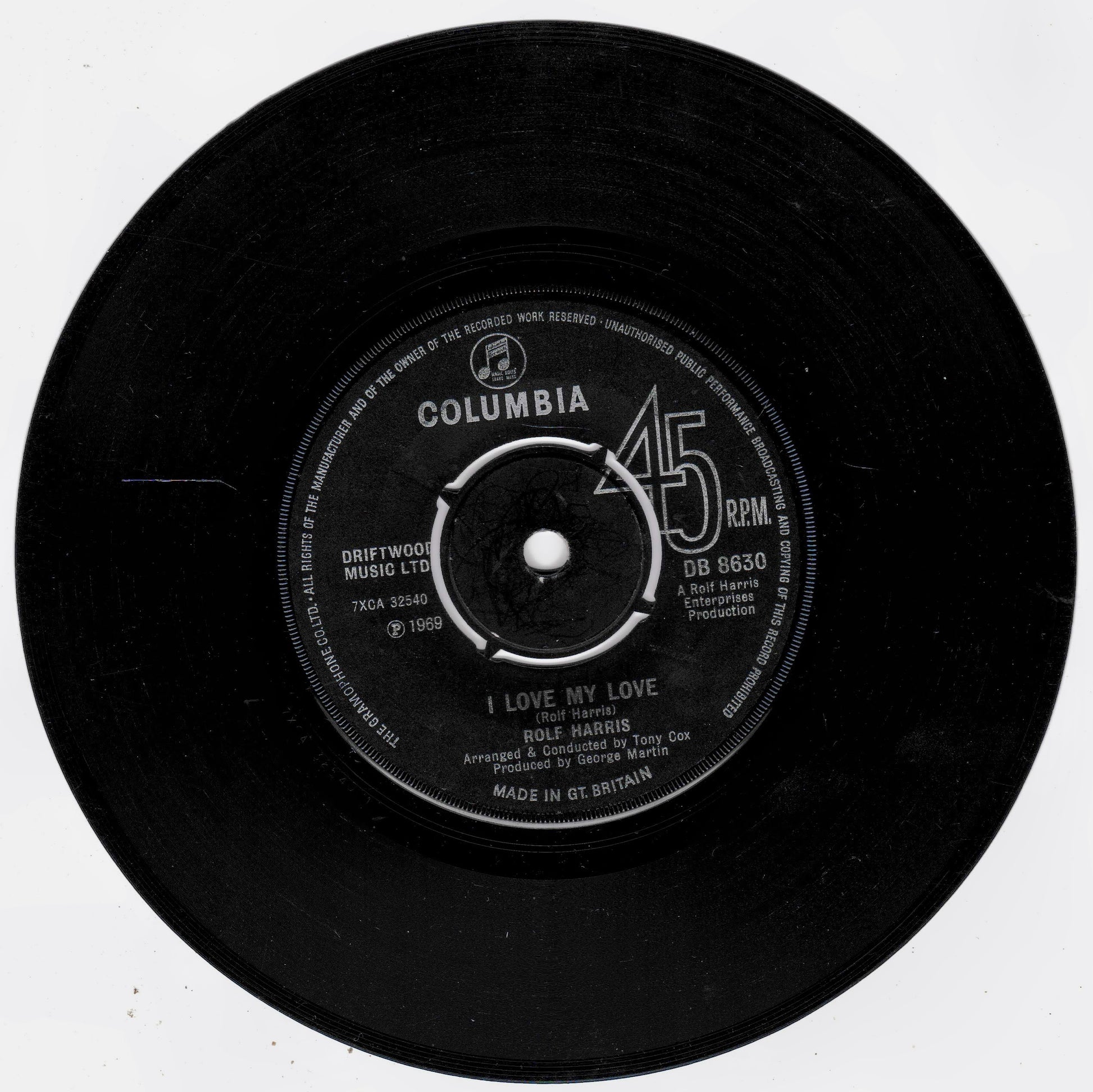 A black 45 RPM vinyl record with a white Columbia label, featuring the song 'I Love My Love' by Rolf Harris.