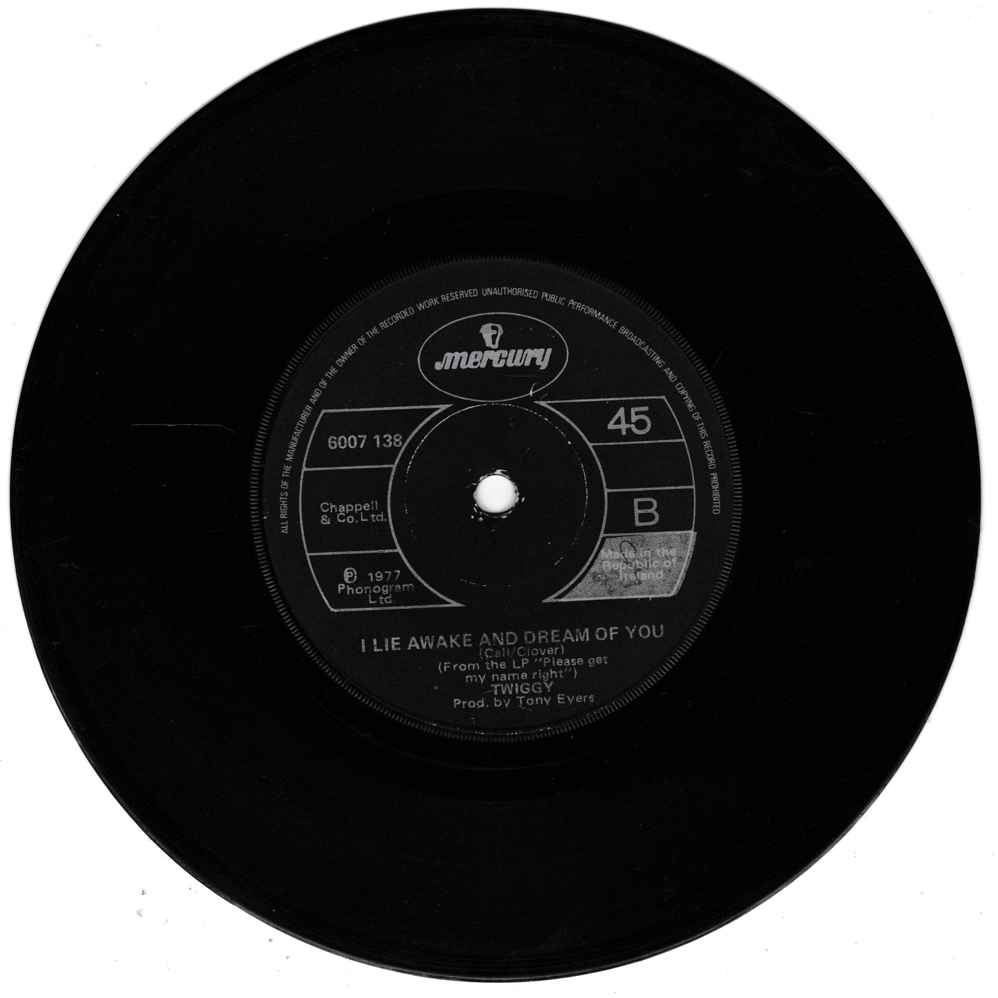 A black 45 RPM vinyl record with a white centre label, featuring the Mercury logo and the song title 'I Lie Awake and Dream of You' by Tom Eyre, shown on a white background.