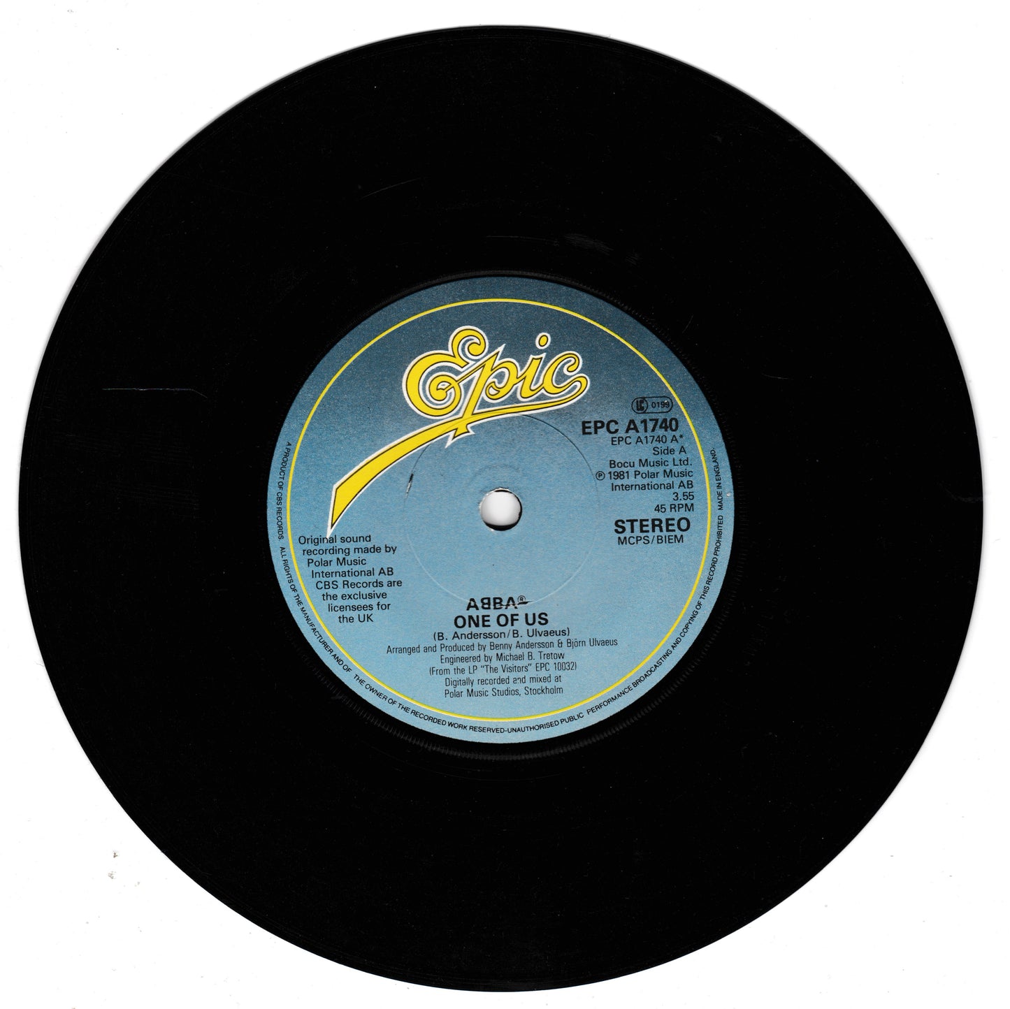 A black vinyl record with a blue centre label featuring the yellow 'Epic' logo and text for ABBA's 'One Of Us'.