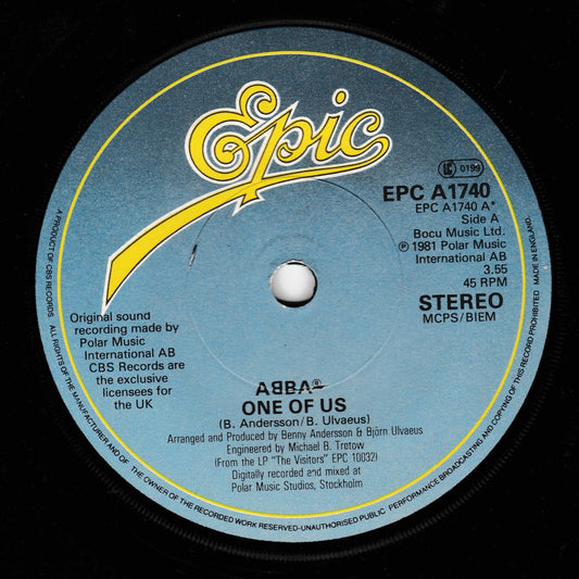 A close-up of a vinyl record label for ABBA's 'One of Us', featuring the yellow Epic logo and track details on a black record surface.