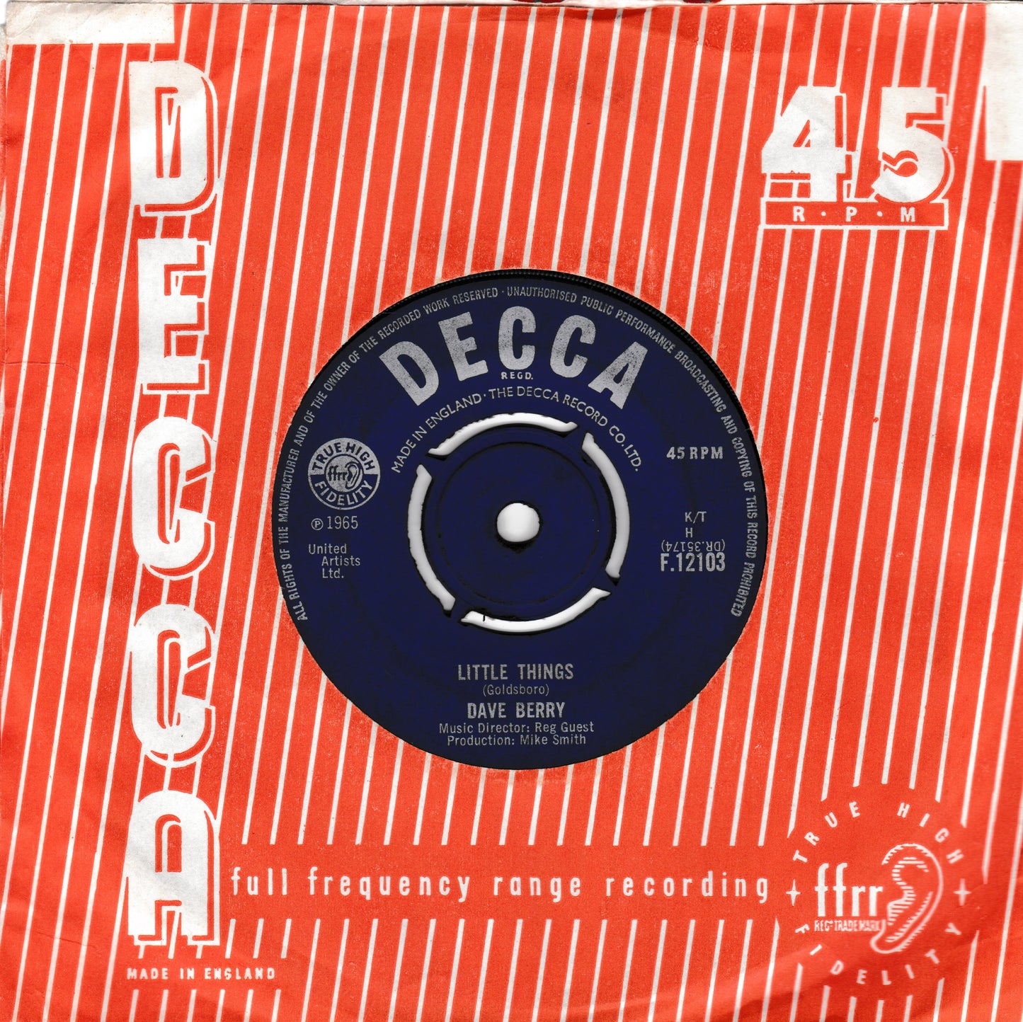 A vintage 45 RPM DECCA record sleeve featuring a red and white striped design with the title 'Little Things' by Dave Berry, with the blue vinyl record partially visible in the centre.