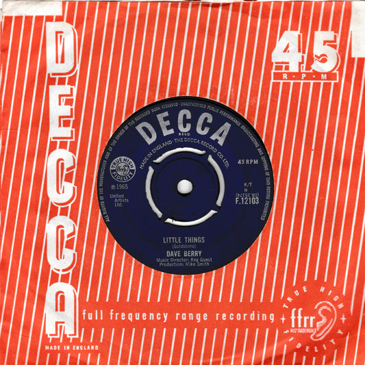 A vintage 45 RPM DECCA record sleeve featuring a red and white striped design with the title 'Little Things' by Dave Berry, with the blue vinyl record partially visible in the centre.