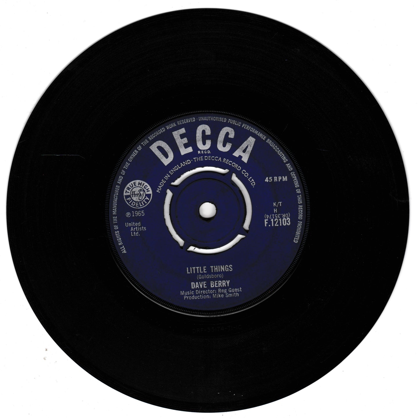 A vintage black vinyl record with a blue and white centre label reading 'DECCA' and 'Little Things' by Dave Berry, shown on a plain white background.