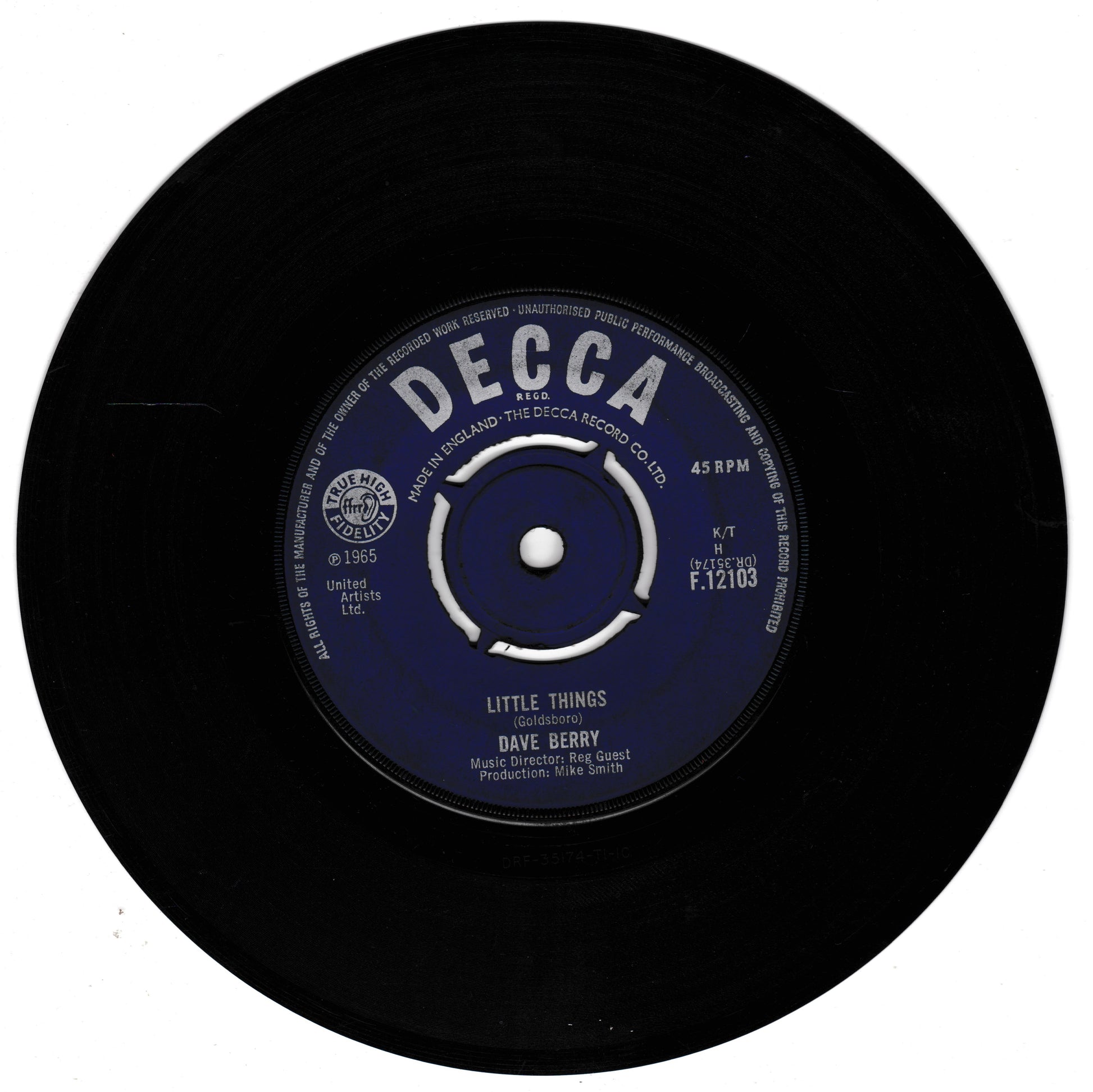 A vintage black vinyl record with a blue and white centre label reading 'DECCA' and 'Little Things' by Dave Berry, shown on a plain white background.