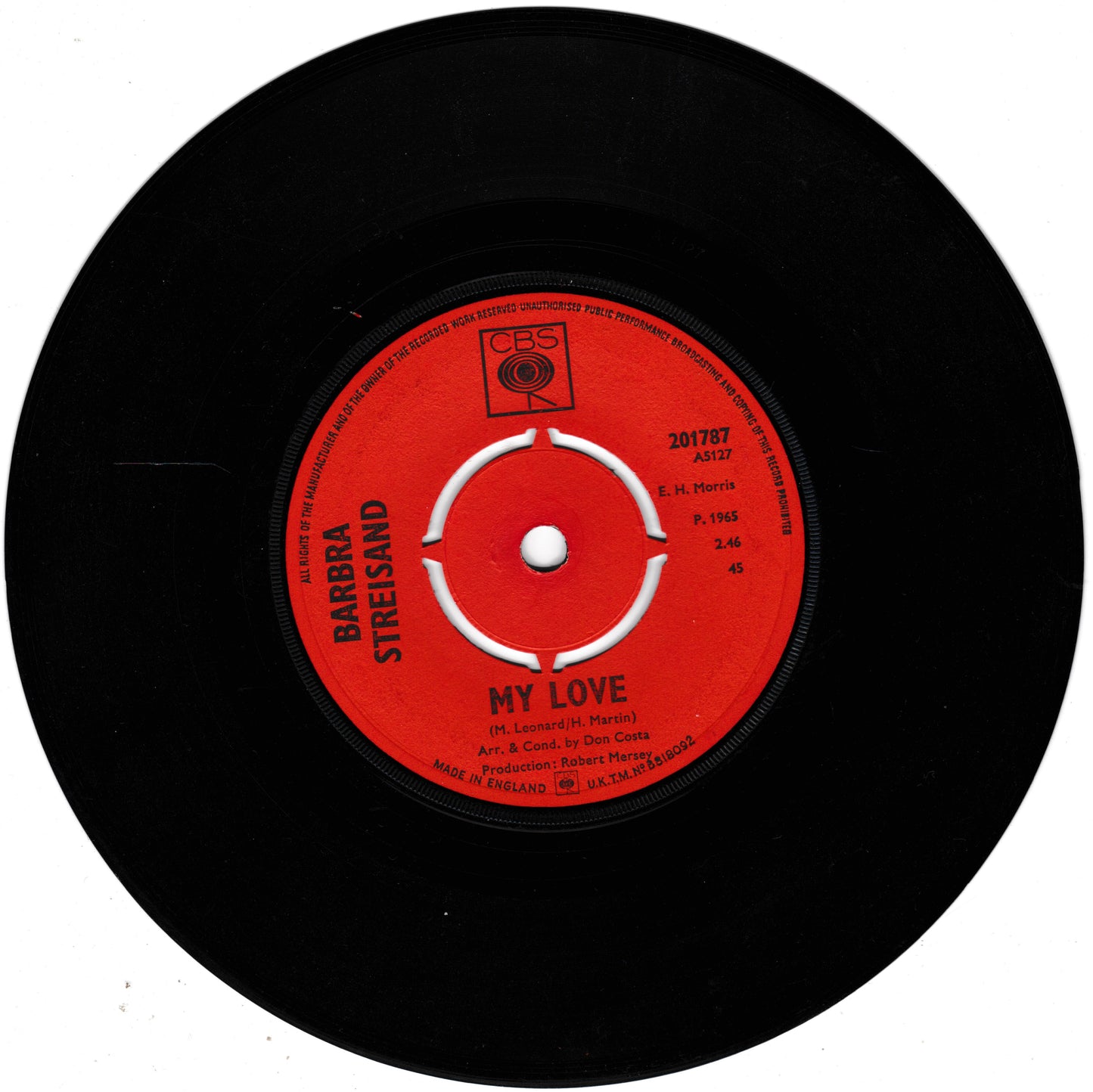 A vintage black vinyl record with a bright red centre label. The label features the CBS logo at the top and the text 'BARBARA STRELSAND' and 'MY LOVE' in white.