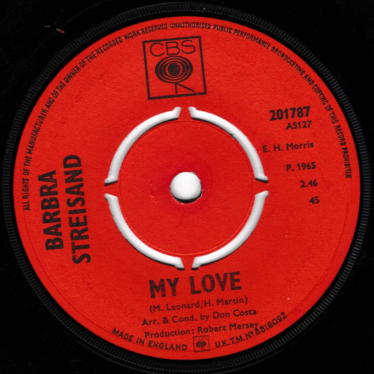 A close-up of a vintage CBS Records vinyl record label for Barbra Streisand's song 'My Love'. The label is bright red with black text and a white centre spindle area.