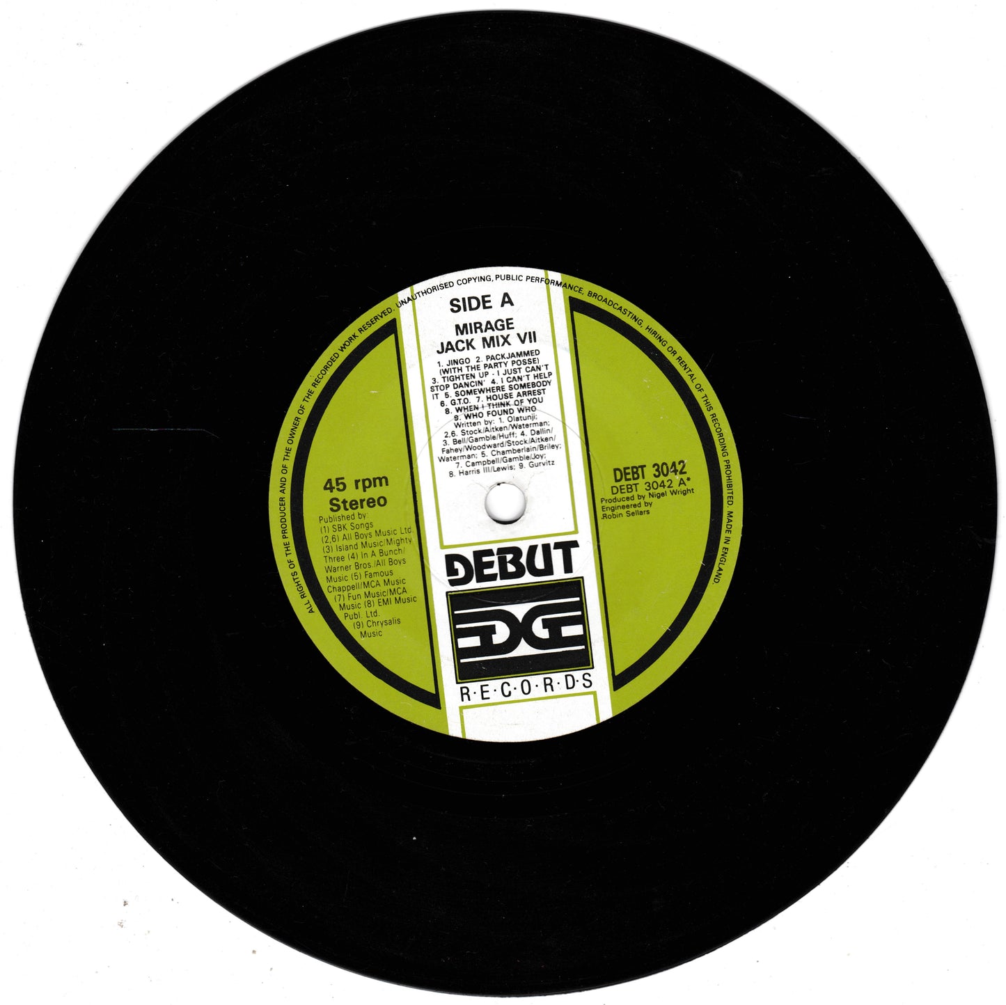 A black vinyl record with a lime green and white centre label, featuring the text 'SIDE A MIRAGE JACK MIX 98' and the 'DEBUT Edge Records' logo.