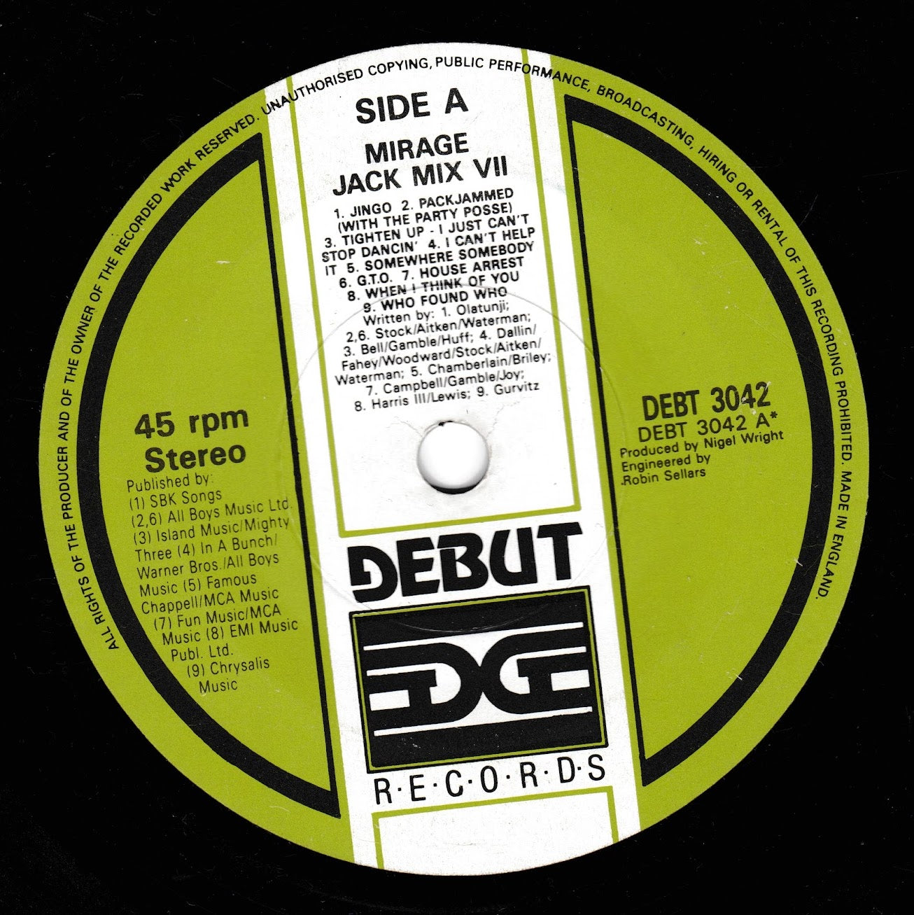 A close-up of a vinyl record label for Debut Records' 'Side A Mirage Jack Mix VII', featuring a black outer ring, a bright yellow-green inner ring, and a white centre label with black text and tracklist details.