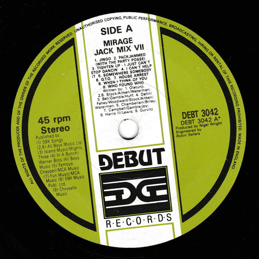 A close-up of a vinyl record label for Debut Records' 'Side A Mirage Jack Mix VII', featuring a black outer ring, a bright yellow-green inner ring, and a white centre label with black text and tracklist details.