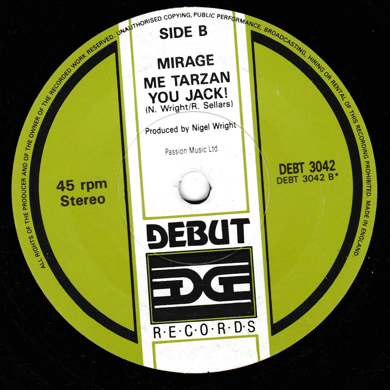 A close-up of a vinyl record label for Debut Records, Side B, featuring the title 'Me Tarzan You Jack!' with lime green, white, and black design elements.