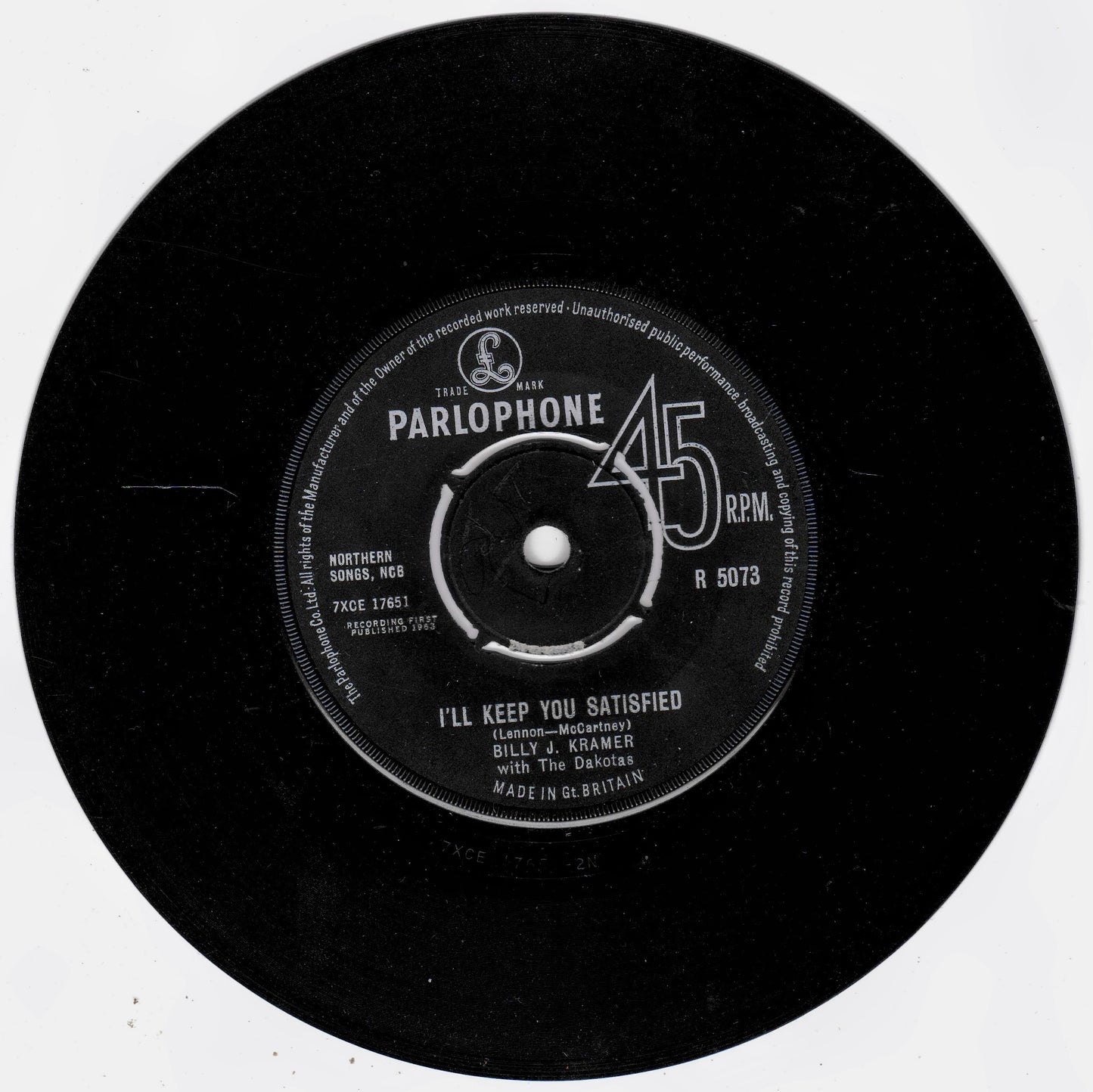A black 45 RPM vinyl record with a white centre label reading 'PARLOPHONE' and 'I'LL KEEP YOU SATISFIED', photographed against a plain white background.