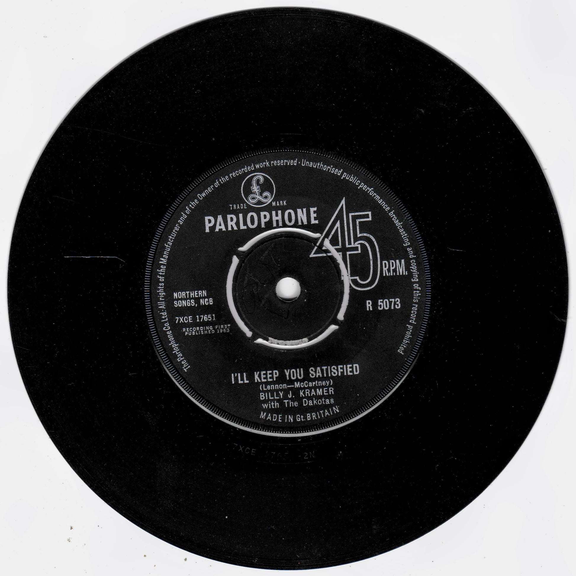 A black 45 RPM vinyl record with a white centre label reading 'PARLOPHONE' and 'I'LL KEEP YOU SATISFIED', photographed against a plain white background.