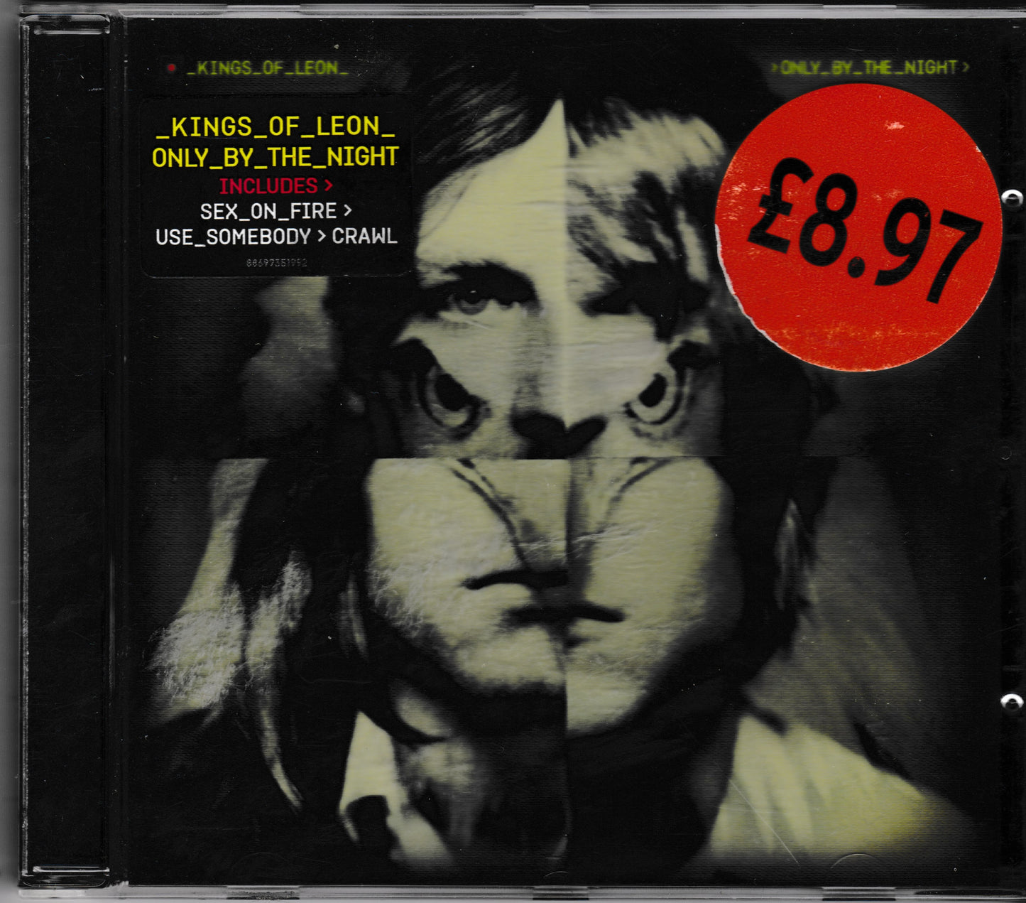 Kings of Leon 'Only by the Night' CD album cover, featuring a black-and-white collage portrait with a red price sticker showing £8.97.